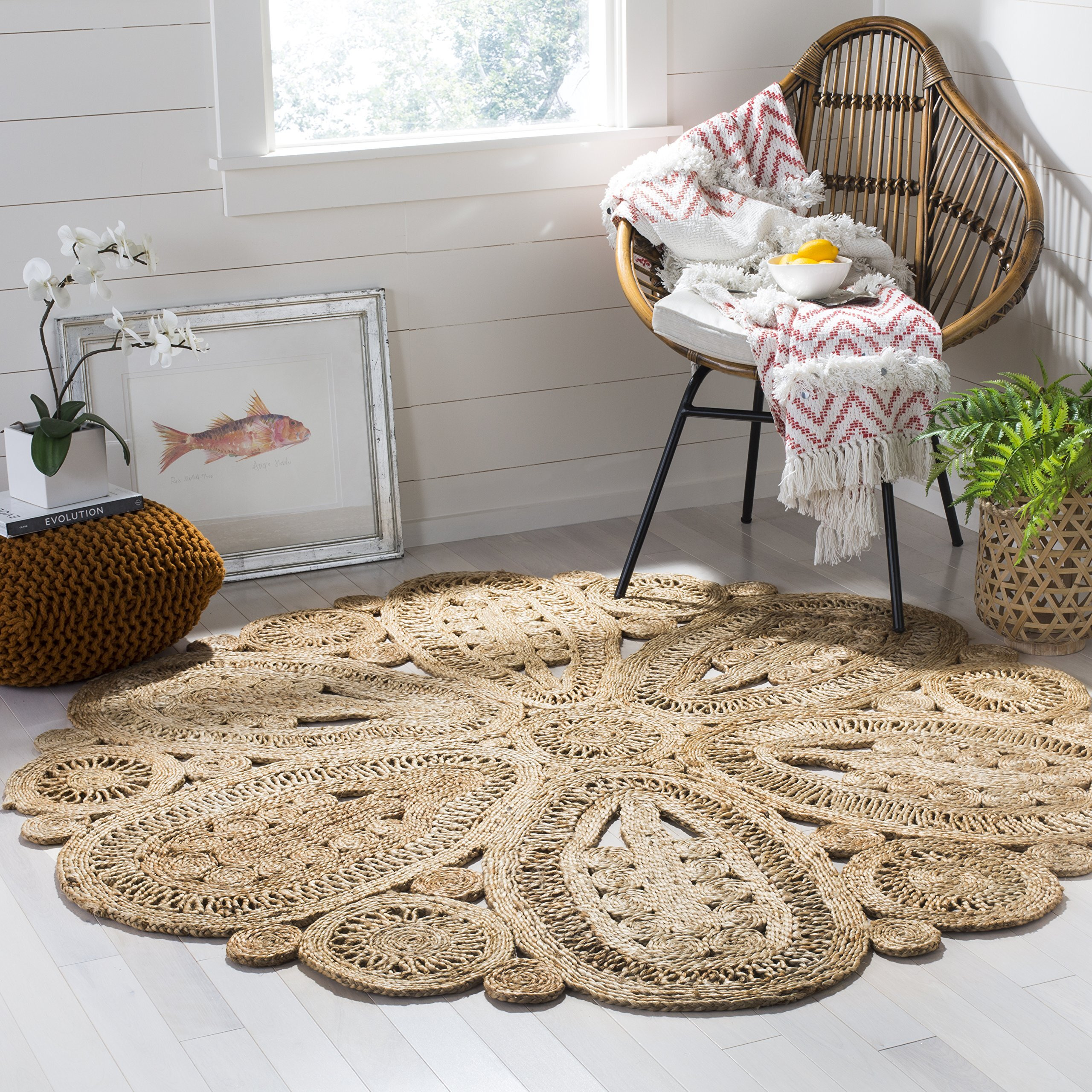 Safavieh Natural Fiber Collection Area Rug - 4' Round, Natural, Handmade Boho Charm Farmhouse Jute, Ideal For High Traffic Areas In Living Room, Bedroom (Nf360A)