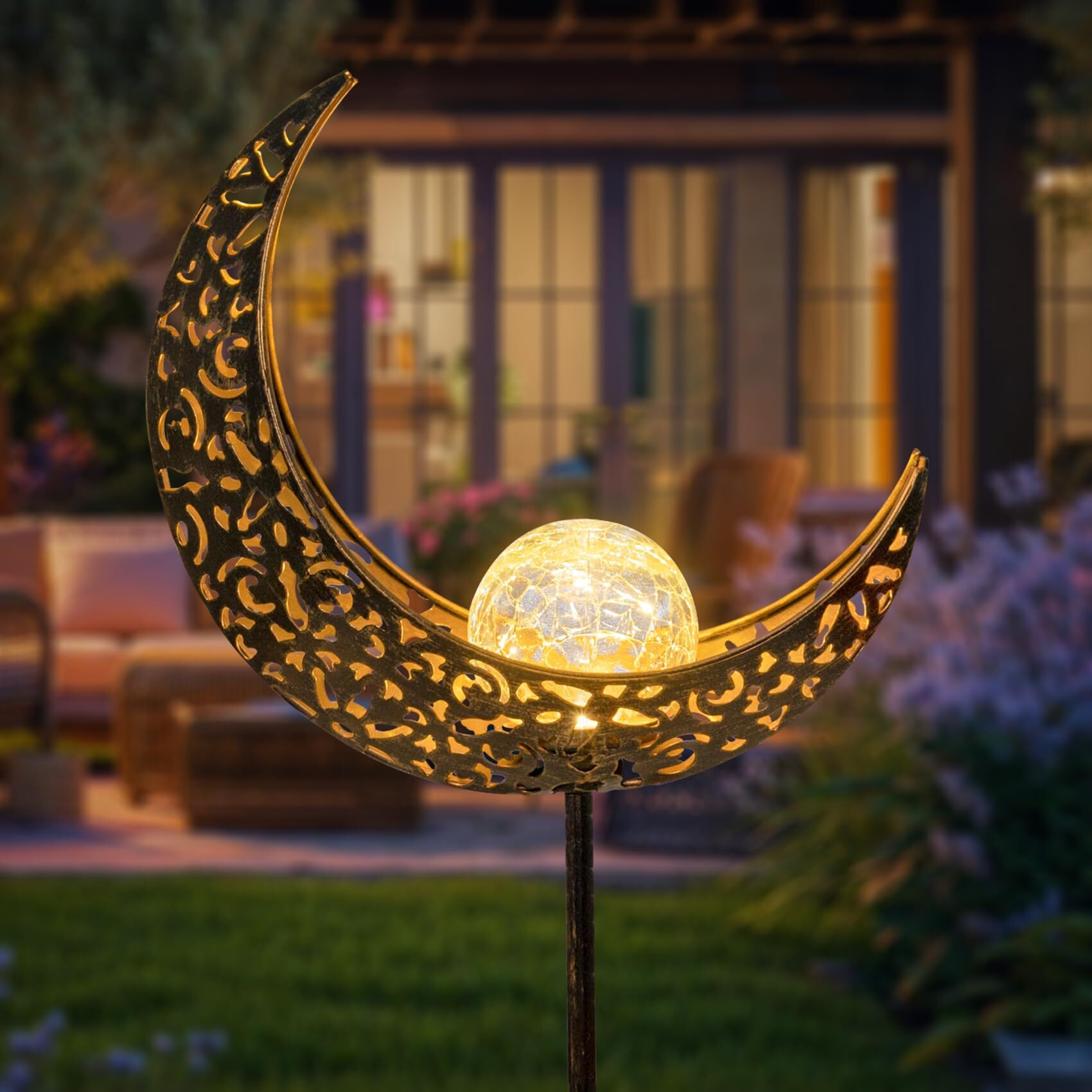 Homeimpro Moon Solar Lights Outdoor Garden Stakes, Waterproof Crackle Glass Metal Decorative Lights For Lawn, Patio Accessories, Backyard Decorations Birthday,Christmas Gift Mom Grandma (Bronze)