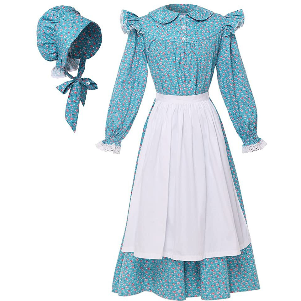 Graceart Pioneer Girls Dress Colonial Prairie Costume 100% Cotton (6 Colors Option) (Us-8, Blue)