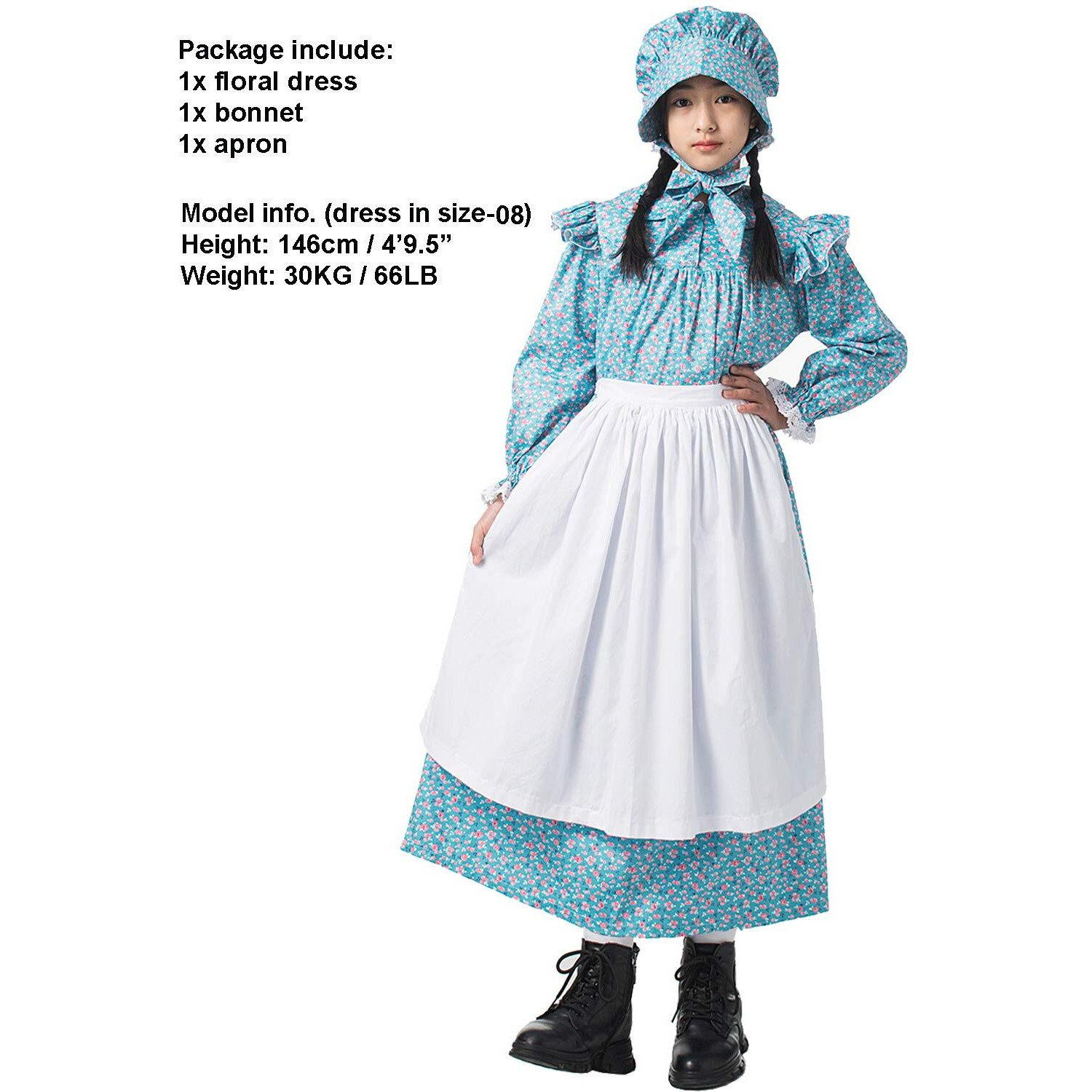 Graceart Pioneer Girls Dress Colonial Prairie Costume 100% Cotton (6 Colors Option) (Us-8, Blue)