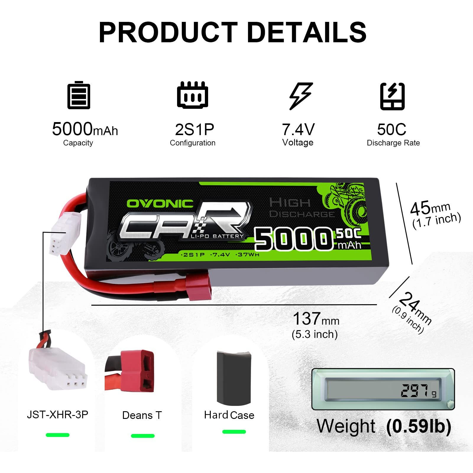 Ovonic 7.4V Lipo Battery 5000Mah 50C 2S Lipo Battery Pack Hardcase With Deans T Plug For Rc Car Bigfoot Arrma Axial Losi Slash Buggy And Monster Truck