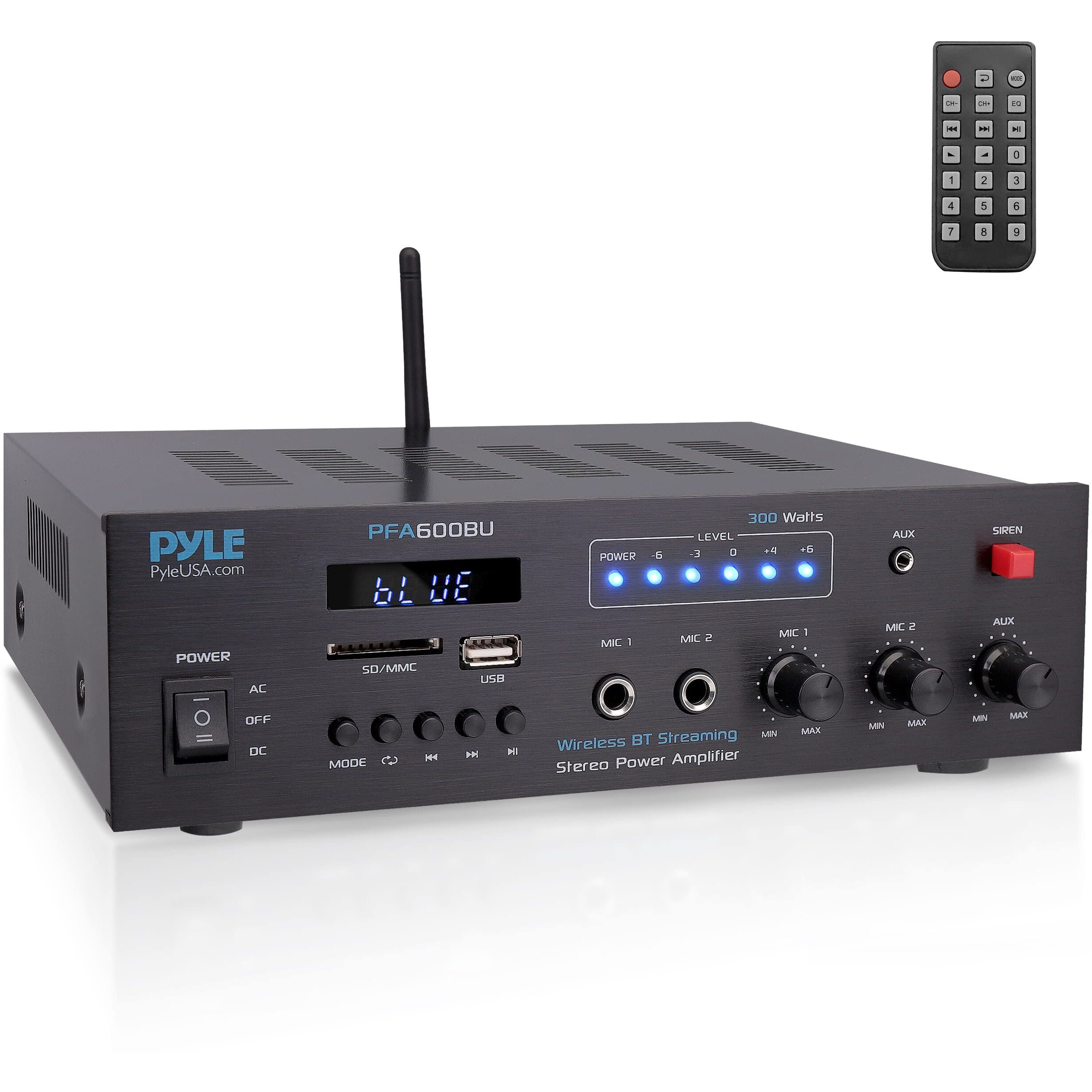 Pyle Wireless Bluetooth Karaoke Amplifier Home Car Bus Tours 300 Watts 2 Channel Digital Home Audio Pa Receiver System 2 Microphone Input Control, Fm Radio, Usb,12 Volt Power Option Pyle Pfa600Bu