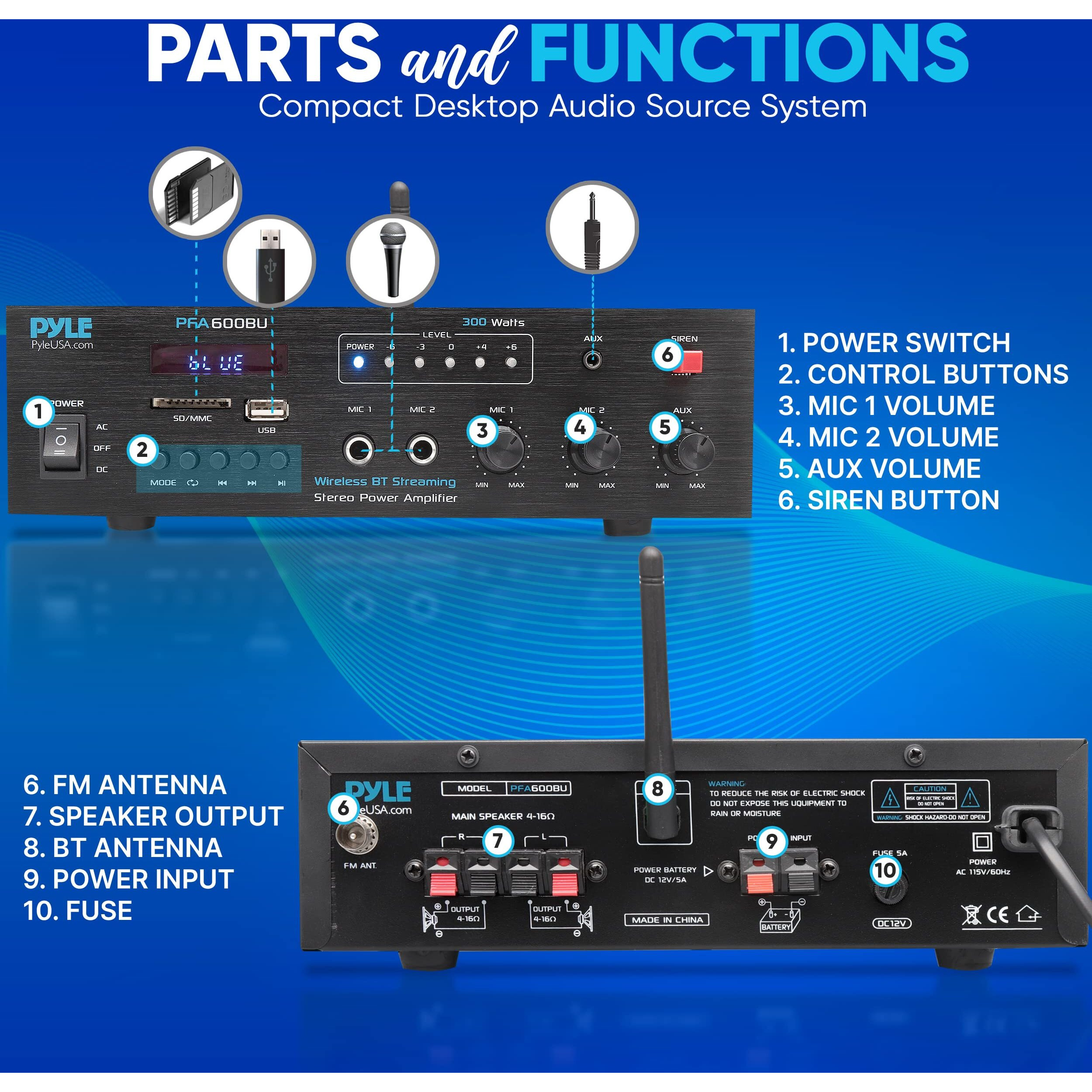 Pyle Wireless Bluetooth Karaoke Amplifier Home Car Bus Tours 300 Watts 2 Channel Digital Home Audio Pa Receiver System 2 Microphone Input Control, Fm Radio, Usb,12 Volt Power Option Pyle Pfa600Bu