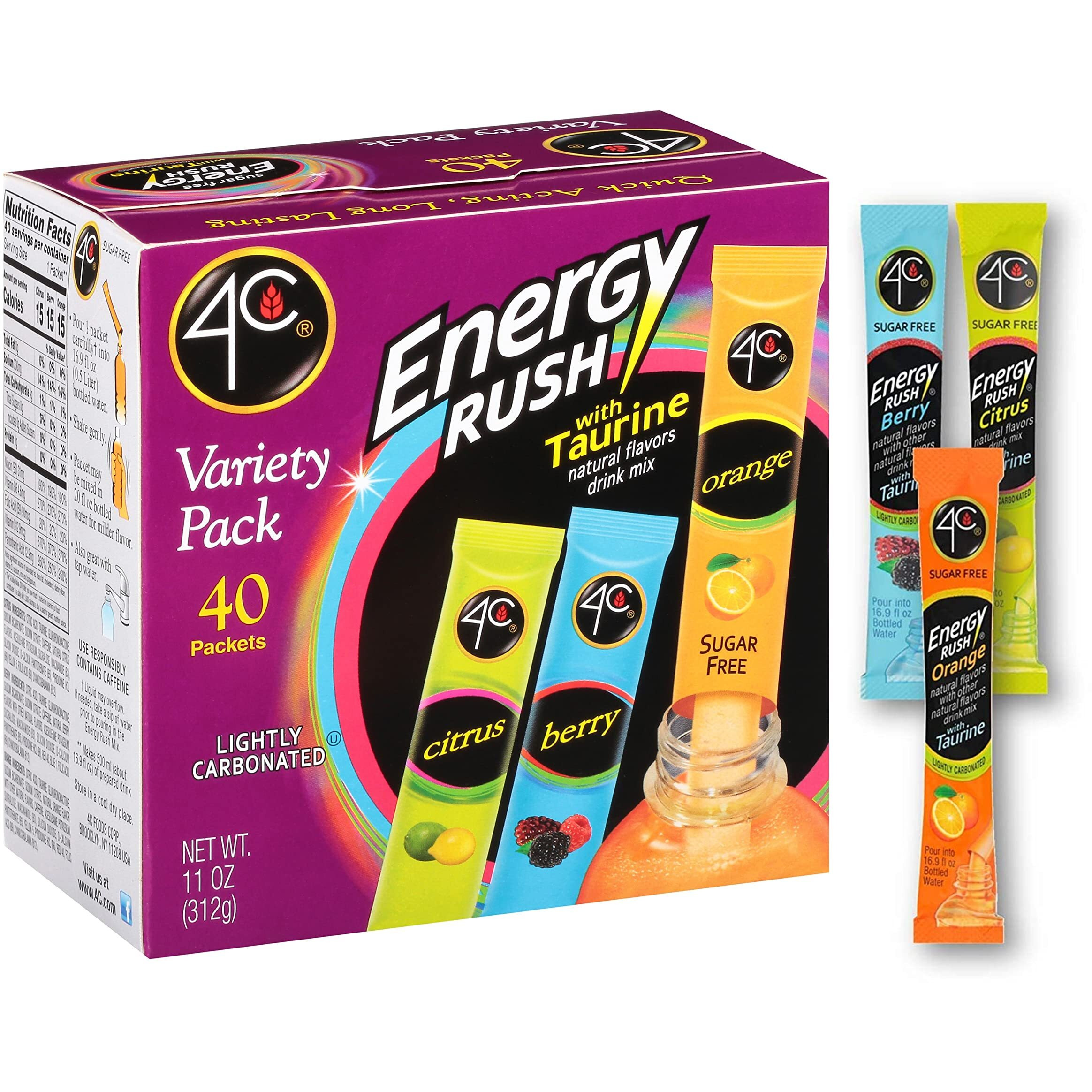 4C Energy Rush Stix, Variety 1 Pack, 40 Count, Single Serve Water Flavoring Packets, Sugar Free With Taurine, On The Go Bundle