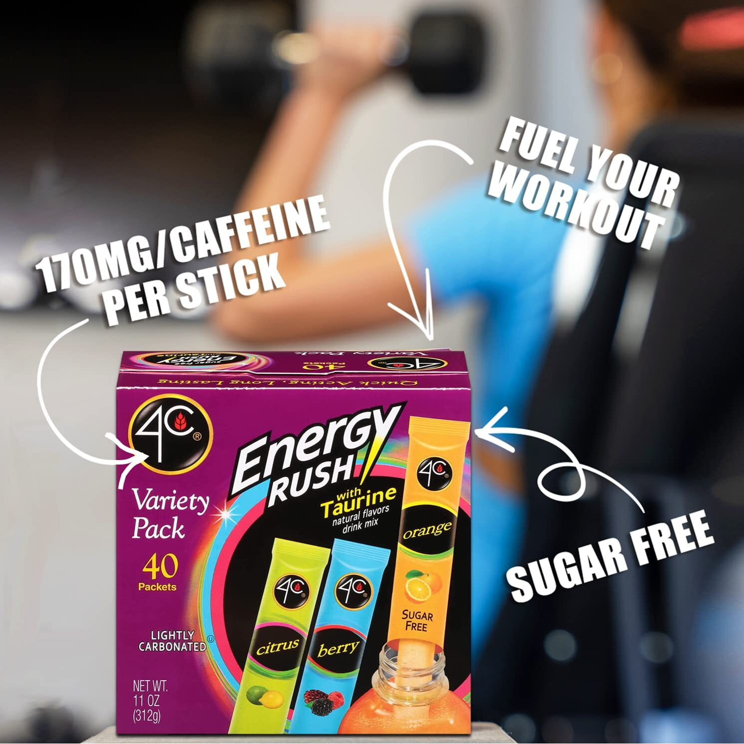 4C Energy Rush Stix, Variety 1 Pack, 40 Count, Single Serve Water Flavoring Packets, Sugar Free With Taurine, On The Go Bundle
