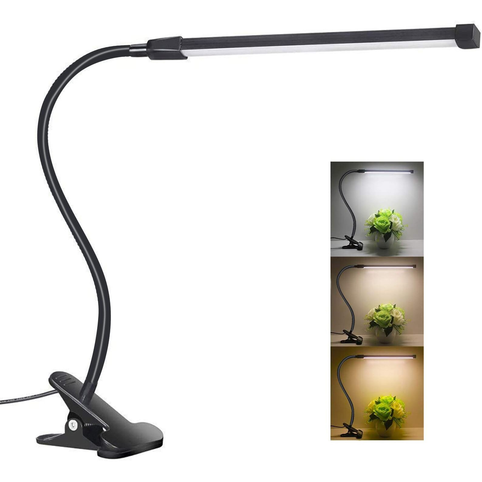 Clip On Light Small Desk Lamp With Clamp 3 Color Modes 10 Brightness Dimmable Reading Light Gooseneck Lamp For Nail Office Bed Headboard Workbench Music Stand College Dorm Room Easel Light(Black)