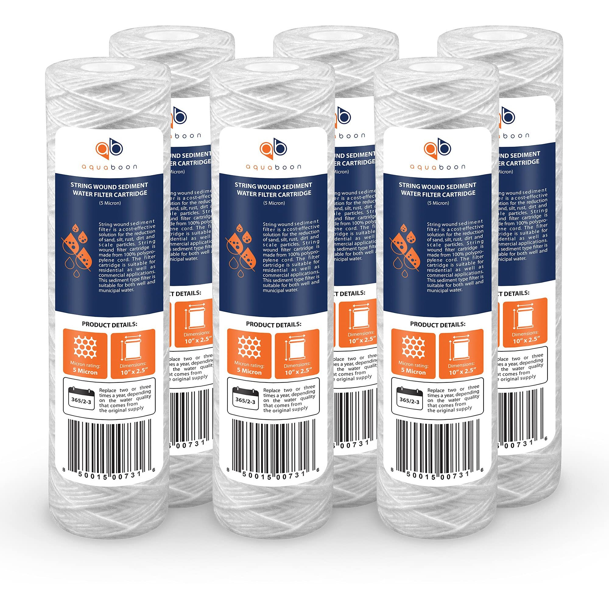 Aquaboon 5 Micron 10 X 2.5 Whole House String Wound Water Filter Cartridge Replacement For Well Filter Compatible With Whkf-Whsw, Culligan P5, 6-Pack