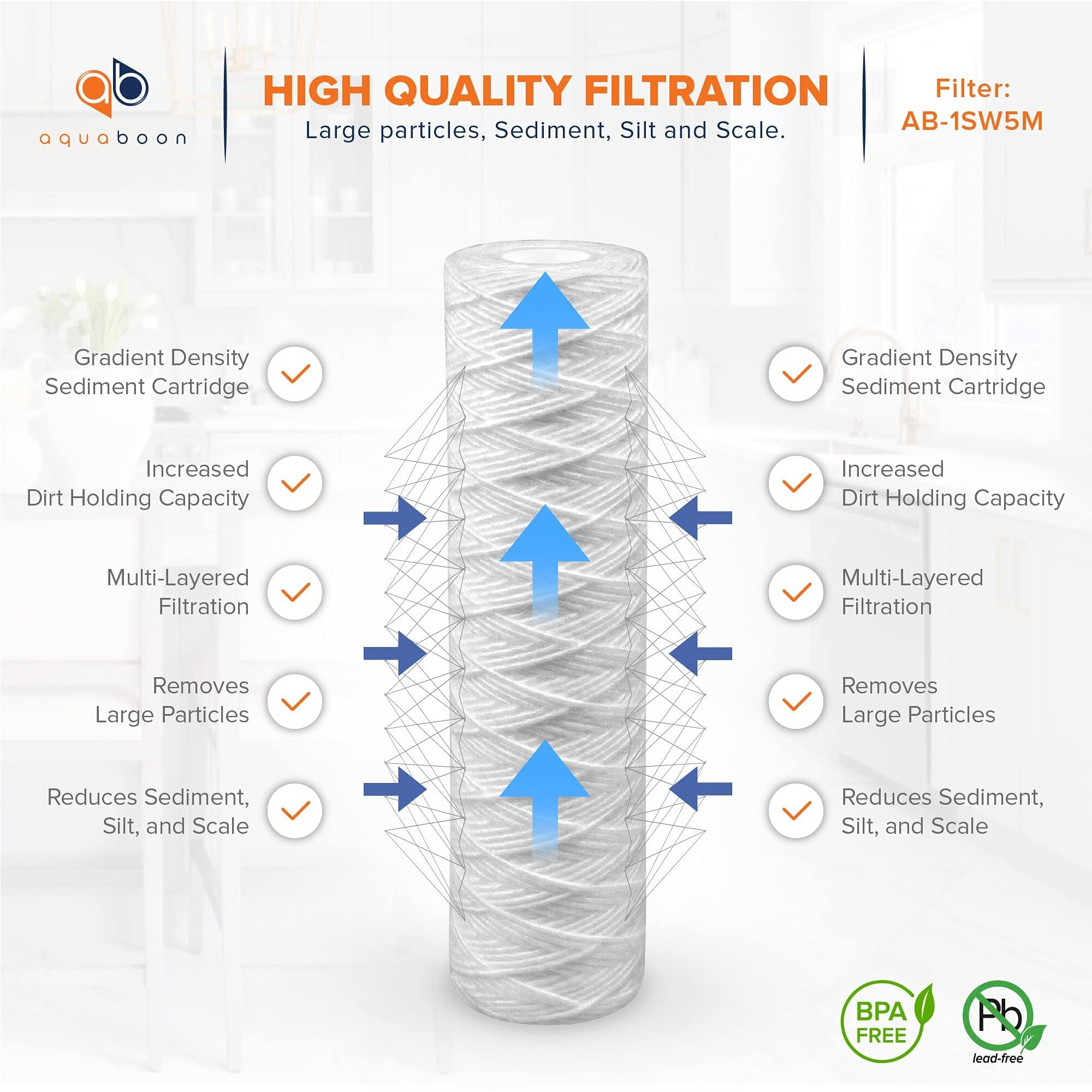 Aquaboon 5 Micron 10 X 2.5 Whole House String Wound Water Filter Cartridge Replacement For Well Filter Compatible With Whkf-Whsw, Culligan P5, 6-Pack