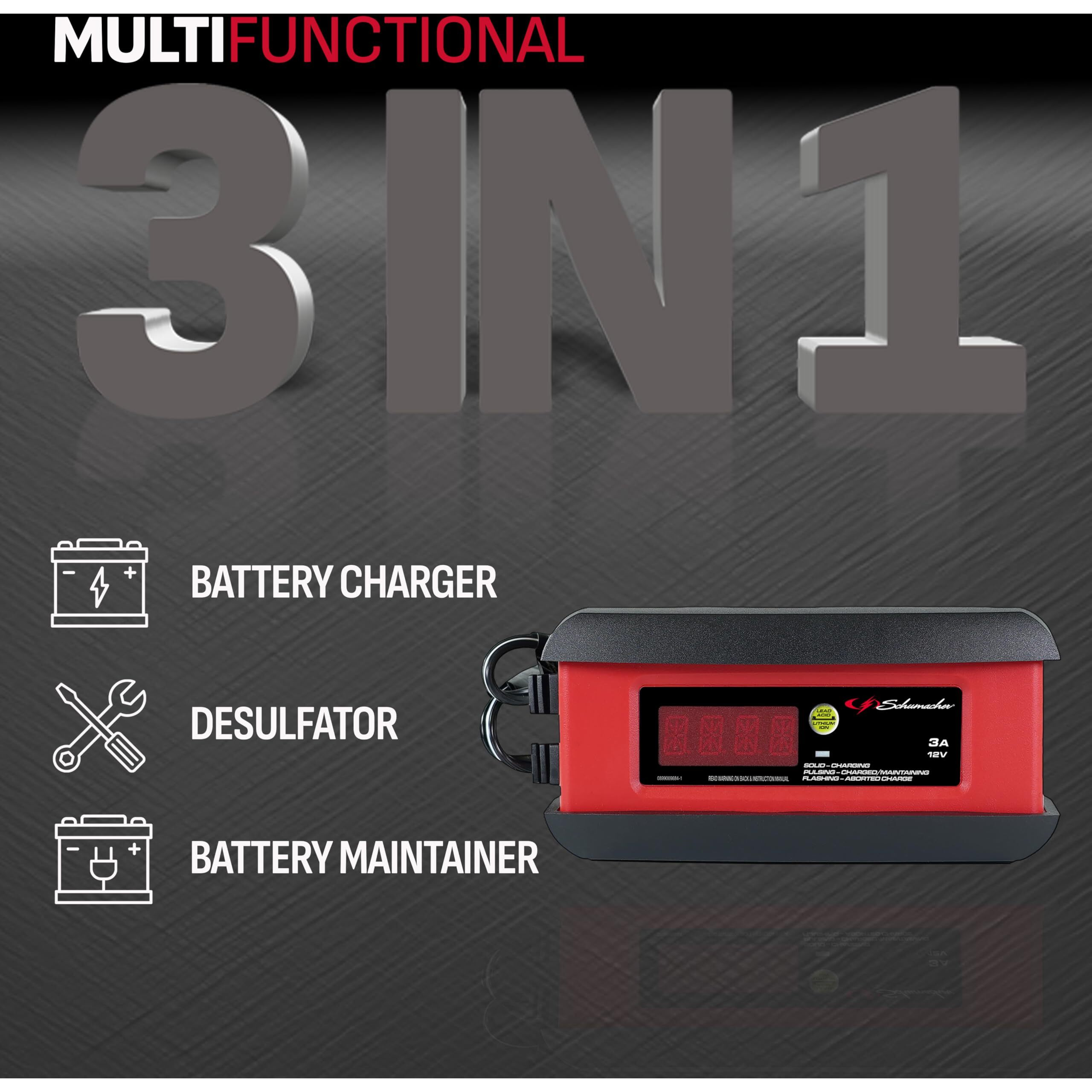 Schumacher Electric 3-In-1 Battery Charger, Maintainer, And Auto Desulfator, Sp1297 Fully Automatic - 3 Amp, 12 Volt - For Cars, Motorcycles, Lawn Tractors, Power Sports, Marine Batteries