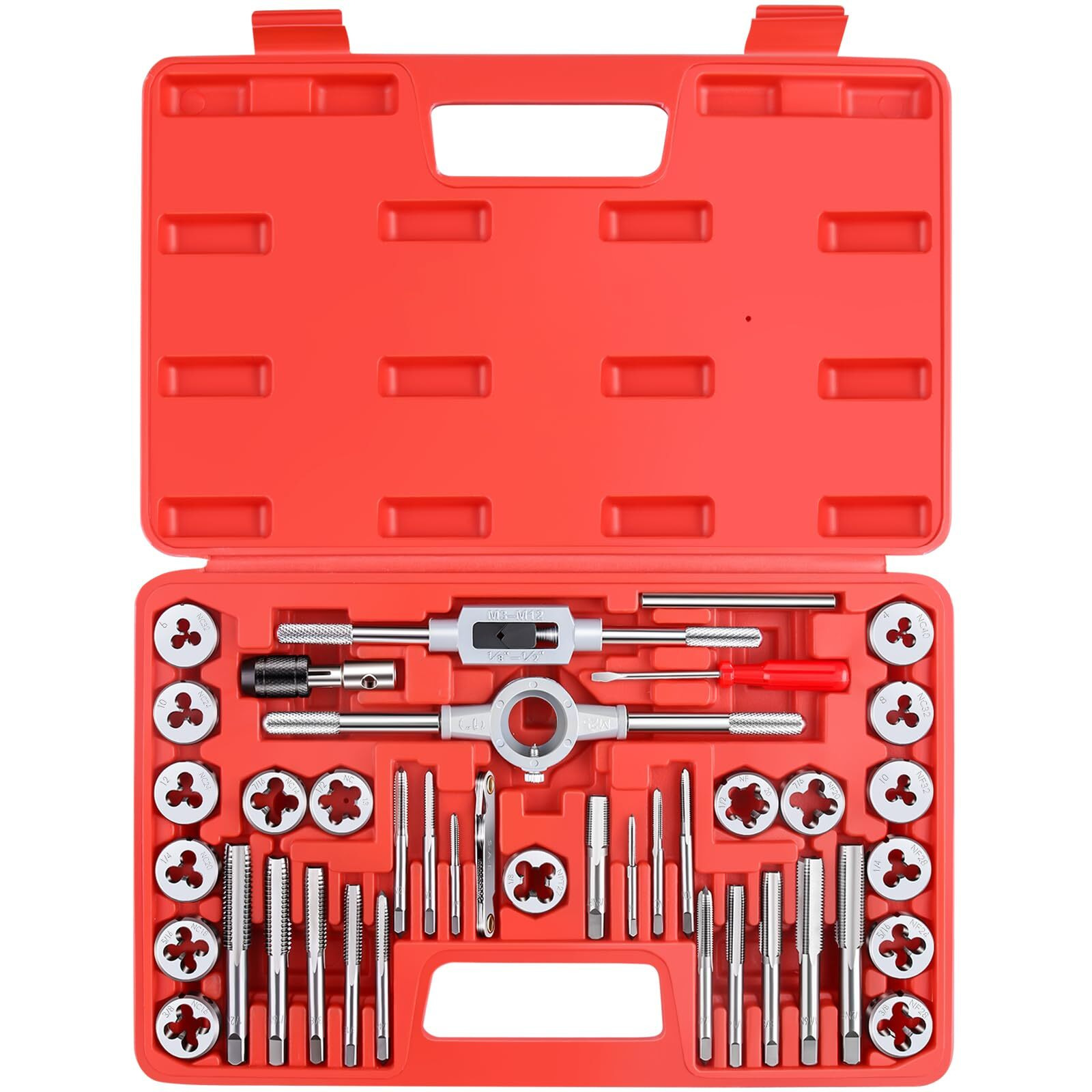 Efficere 40-Piece Premium Tap And Die Set, Sae Unified Screw Thread, Size 4 To 1/2    | Include Unc Coarse, Unf Fine And Npt Threads | Essential Threading Tool Kit With Complete Handles And Accessories