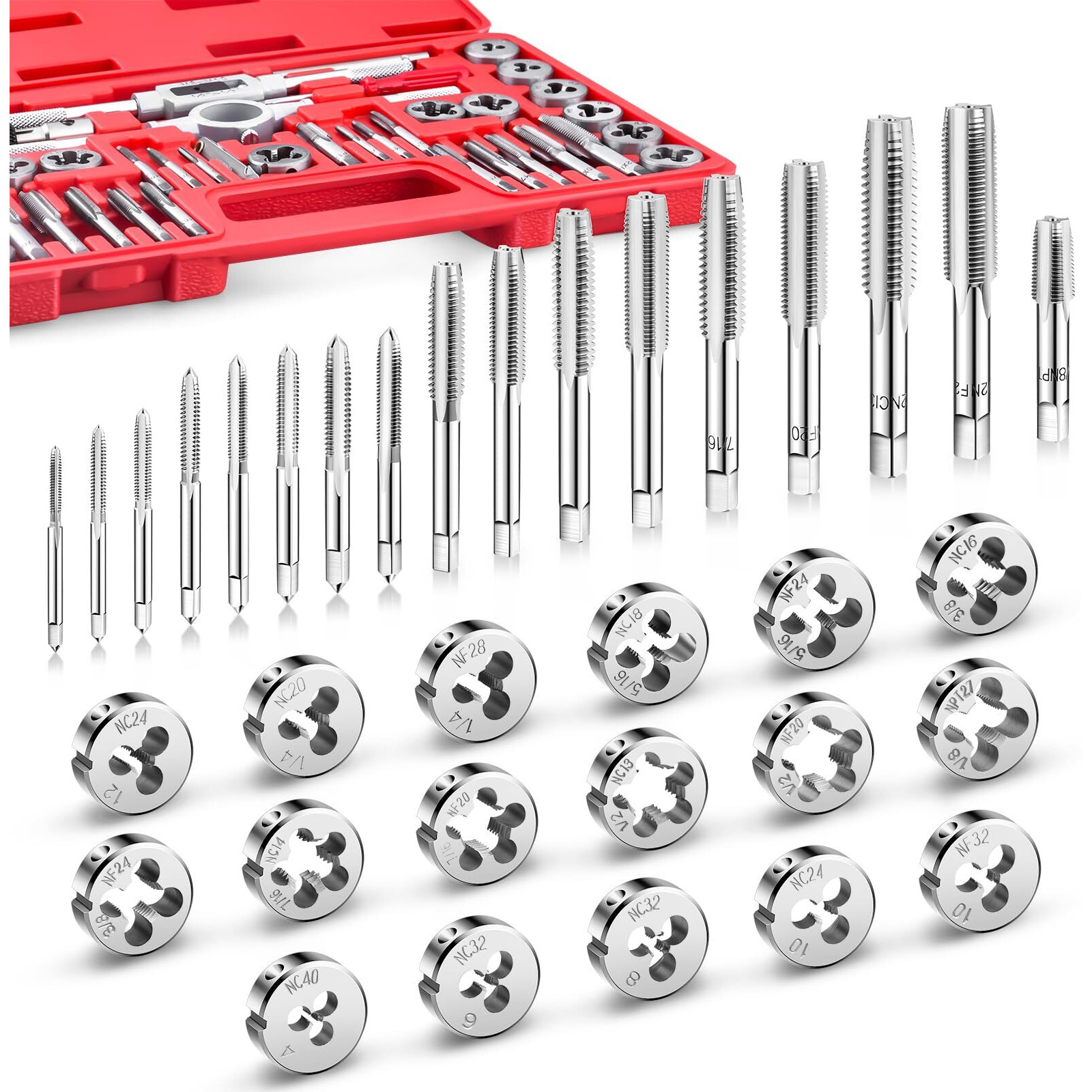 Efficere 40-Piece Premium Tap And Die Set, Sae Unified Screw Thread, Size 4 To 1/2    | Include Unc Coarse, Unf Fine And Npt Threads | Essential Threading Tool Kit With Complete Handles And Accessories
