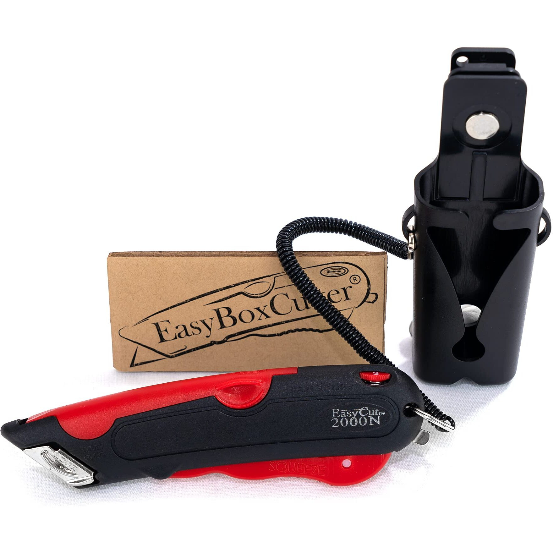 Modern Box Cutter, Extra Tape Cutter At Back, Dual Side Edge Guide, 3 Blade Depth Setting, 2 Blades And Holster - Red Color 2000
