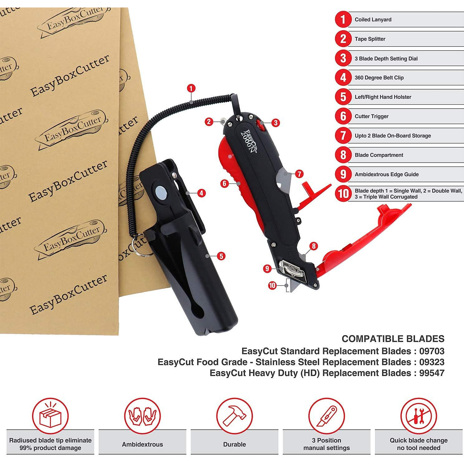 Modern Box Cutter, Extra Tape Cutter At Back, Dual Side Edge Guide, 3 Blade Depth Setting, 2 Blades And Holster - Red Color 2000