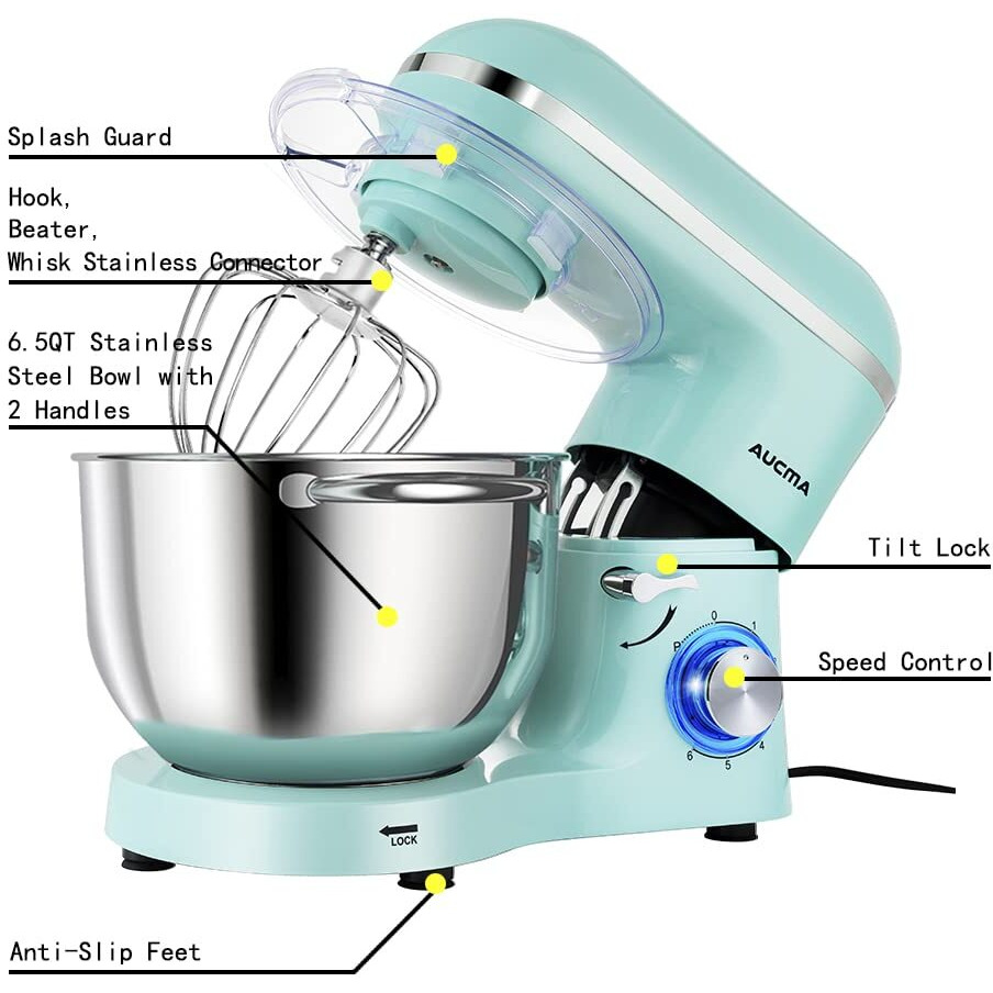 Aucma Stand Mixer,6.5-Qt 660W 6-Speed Tilt-Head Food Mixer, Kitchen Electric Mixer With Dough Hook, Wire Whip & Beater (6.5Qt, Blue)