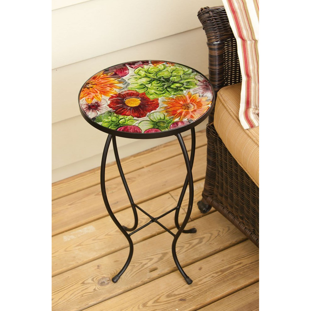 Evergreen Garden Outdoor-Safe Round Summer Splash Glass And Metal Side Table - 12"" L X 12"" W X 22"" Indoor Outdoor Side Tables For Your Patio, Lawn, Garden Or Home D  Cor