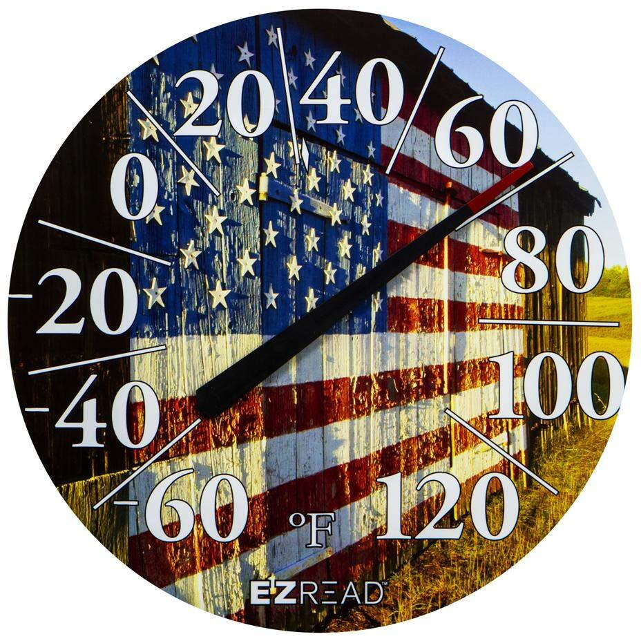 Ezread Hanging Dial Thermometer 840-1232 Weather Thermometers For Indoor And Outdoor Use, Large 12.5 Inch Diameter, Easy To Read Numbers, American Flag On Barn
