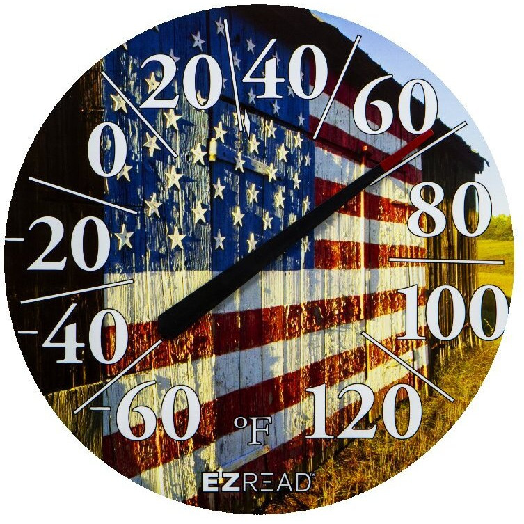 Ezread Hanging Dial Thermometer 840-1232 Weather Thermometers For Indoor And Outdoor Use, Large 12.5 Inch Diameter, Easy To Read Numbers, American Flag On Barn
