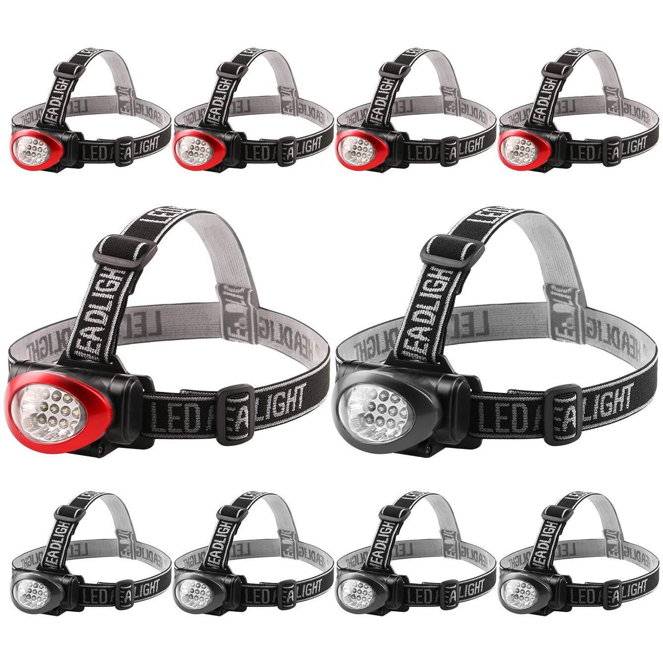Lichamp Headlamp, 10 Pack 12 Led 3 Mode Portable Head Lamp Flashlight, Outdoor Lightweight Durable Headlight For Running, Camping, Reading, Fishing, Hunting, Walking, Jogging, Black + Red Color