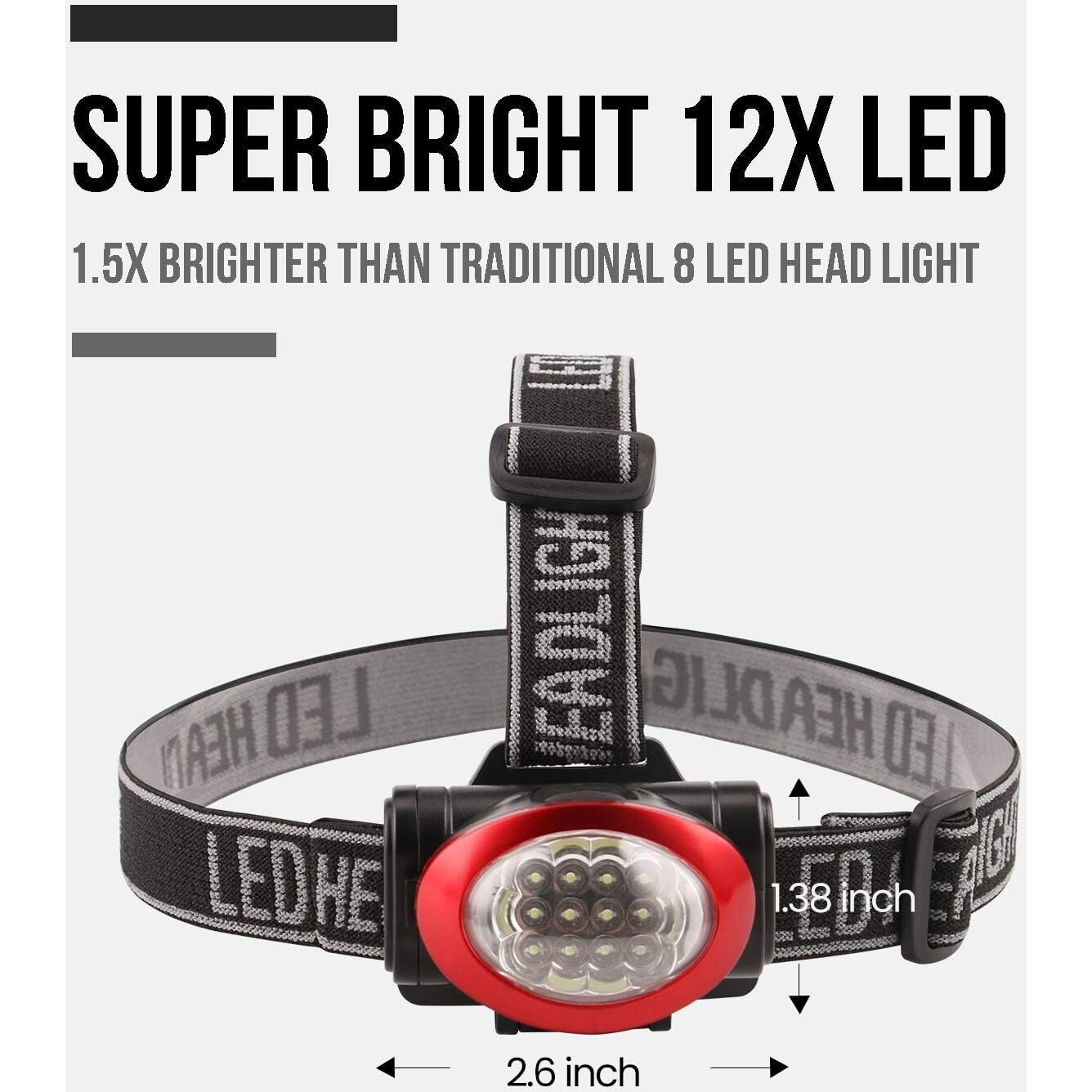 Lichamp Headlamp, 10 Pack 12 Led 3 Mode Portable Head Lamp Flashlight, Outdoor Lightweight Durable Headlight For Running, Camping, Reading, Fishing, Hunting, Walking, Jogging, Black + Red Color