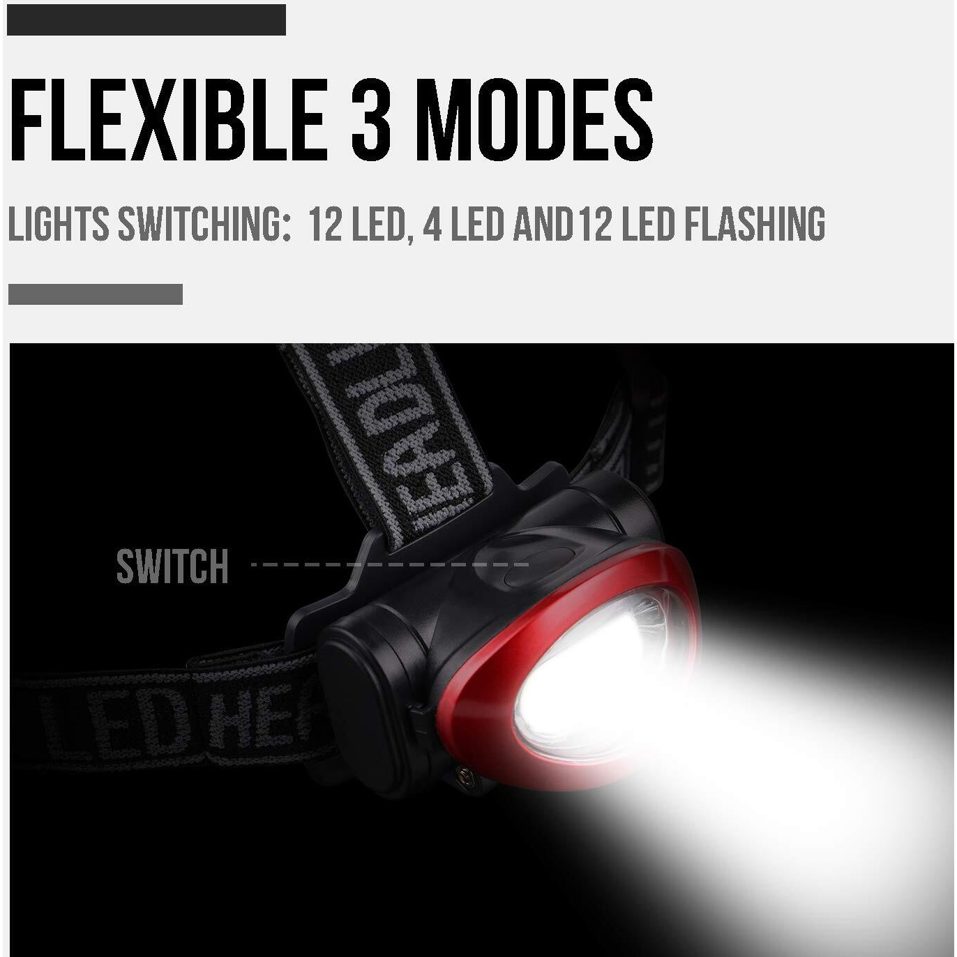 Lichamp Headlamp, 10 Pack 12 Led 3 Mode Portable Head Lamp Flashlight, Outdoor Lightweight Durable Headlight For Running, Camping, Reading, Fishing, Hunting, Walking, Jogging, Black + Red Color