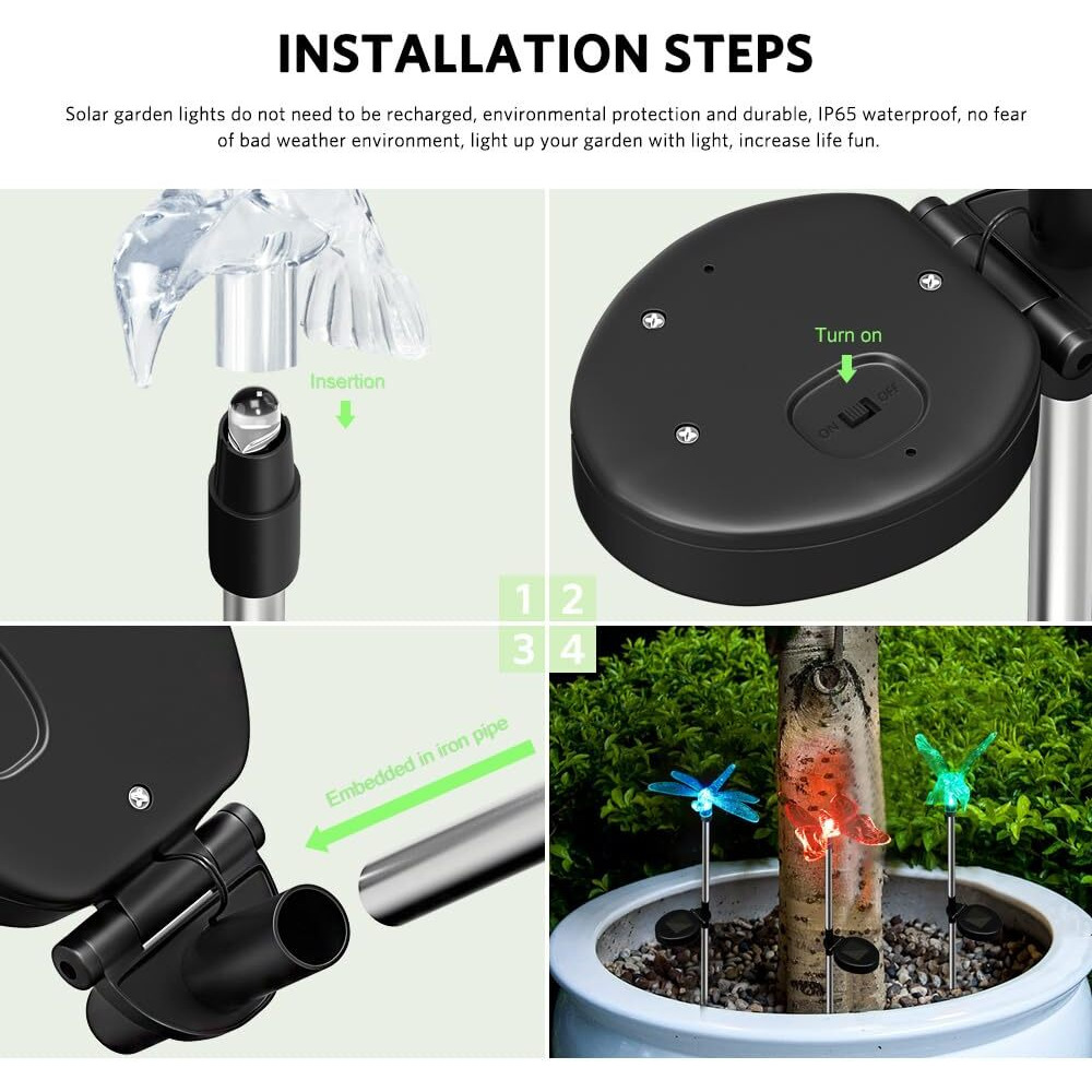 Anordsem Solar Lights Outdoor Decorations Garden Stake Light Waterproof For Yard Decorative Outside - Dragonfly Hummingbird Butterfly Led Lamp Patio Path Decor 6 Pack