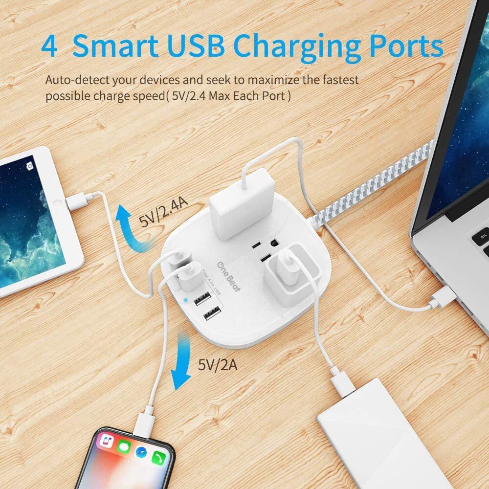 Desktop Power Strip With 3 Outlet 4 Usb Ports 4.5A, Flat Plug And 5 Ft Long Braided Extension Cords For Cruise Ship Travel Home Office, Etl Listed