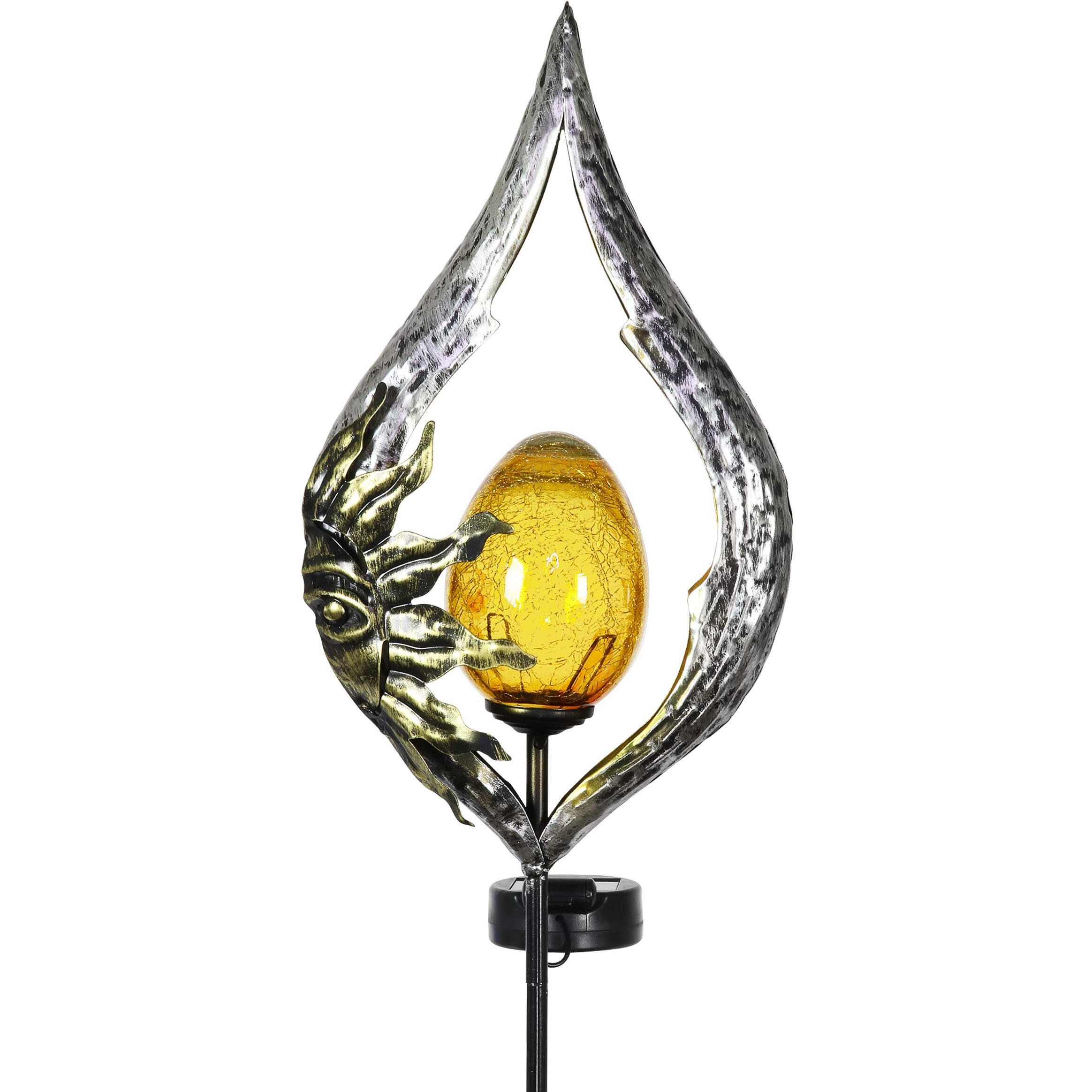 Exhart Garden Stake, Sun On A Teardrop Solar Garden Sculpture, Led Amber Crackle Glass Egg, Silver Metal Outdoor Lawn Decor And Yard Art, 8.5 X 3 X 38 Inch