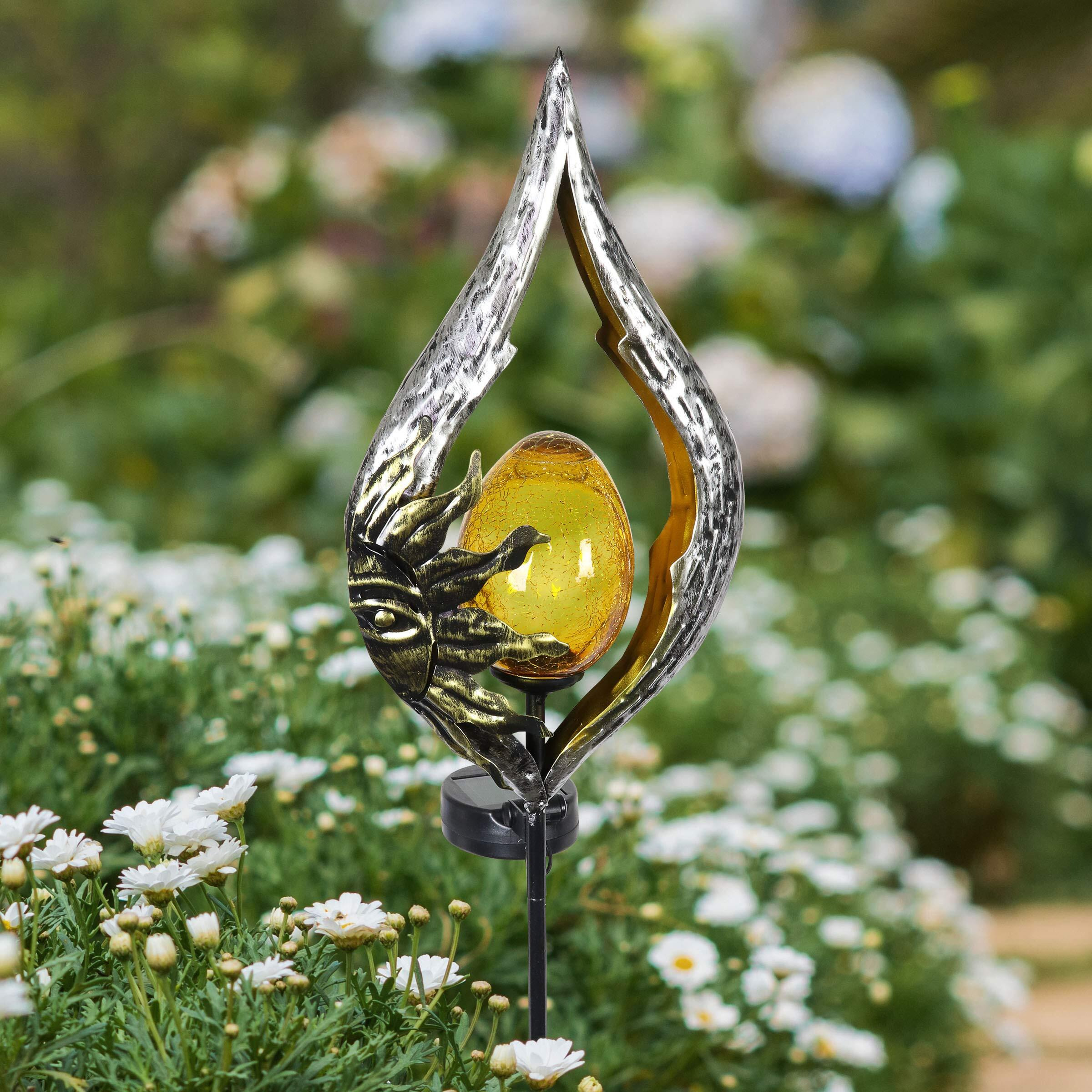 Exhart Garden Stake, Sun On A Teardrop Solar Garden Sculpture, Led Amber Crackle Glass Egg, Silver Metal Outdoor Lawn Decor And Yard Art, 8.5 X 3 X 38 Inch
