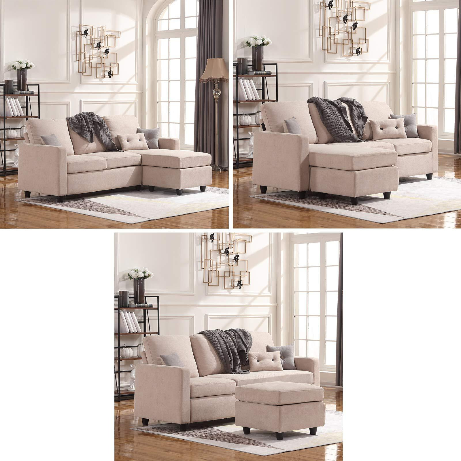 Honbay L Shaped Couch With Linen Fabric,Convertible, Reversible Sectional Sofa For Small Space, Dark Beige