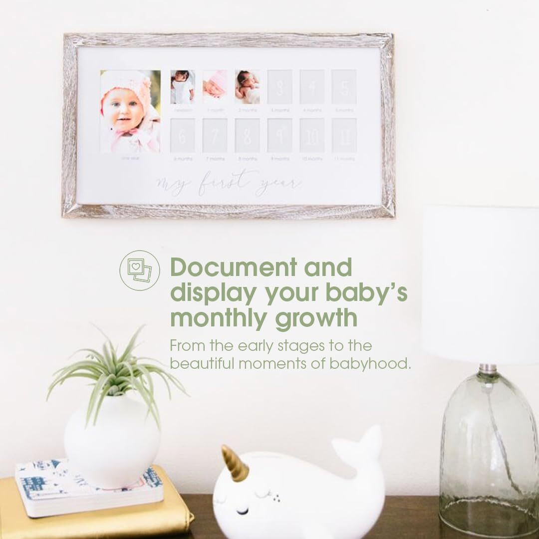 Pearhead My First Year Picture Frame, Baby's First Twelve Months Photo Collage And Gender Neutral Keepsake, Ideal For Baby Shower, New Mom Gift And Nursery Decor, Distressed Wood