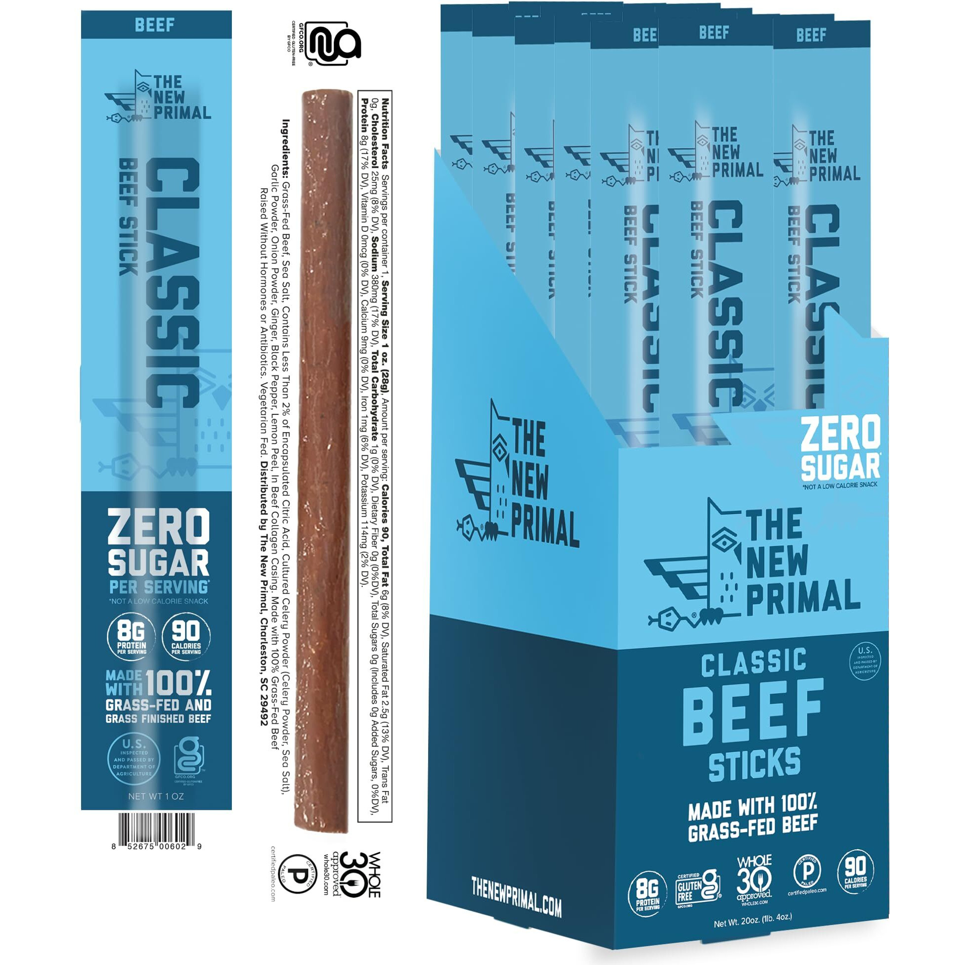 The New Primal Grass Fed Beef Sticks, Keto, Gluten Free Healthy Snacks, Sugar Free Low Carb High Protein Snack, Jerky Meat Stick, 6G Protein, 20 Ct