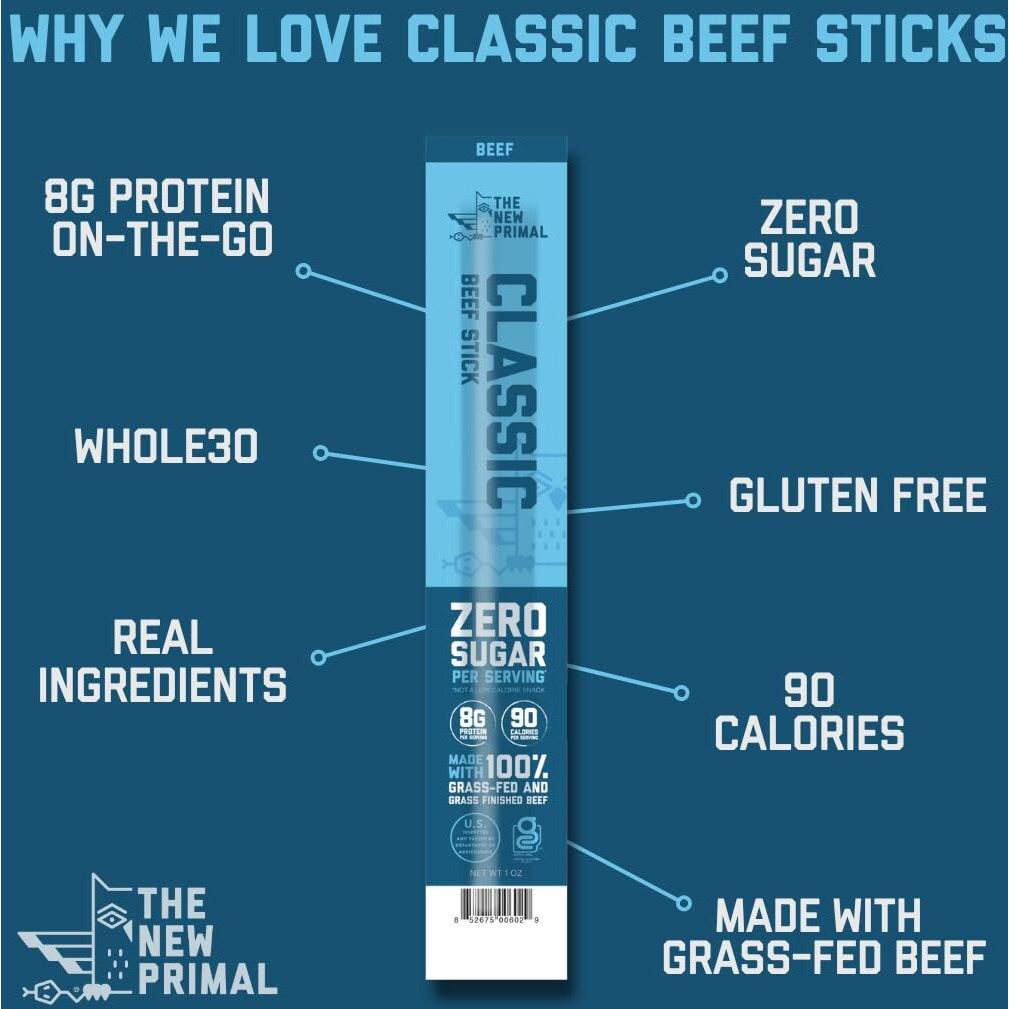 The New Primal Grass Fed Beef Sticks, Keto, Gluten Free Healthy Snacks, Sugar Free Low Carb High Protein Snack, Jerky Meat Stick, 6G Protein, 20 Ct