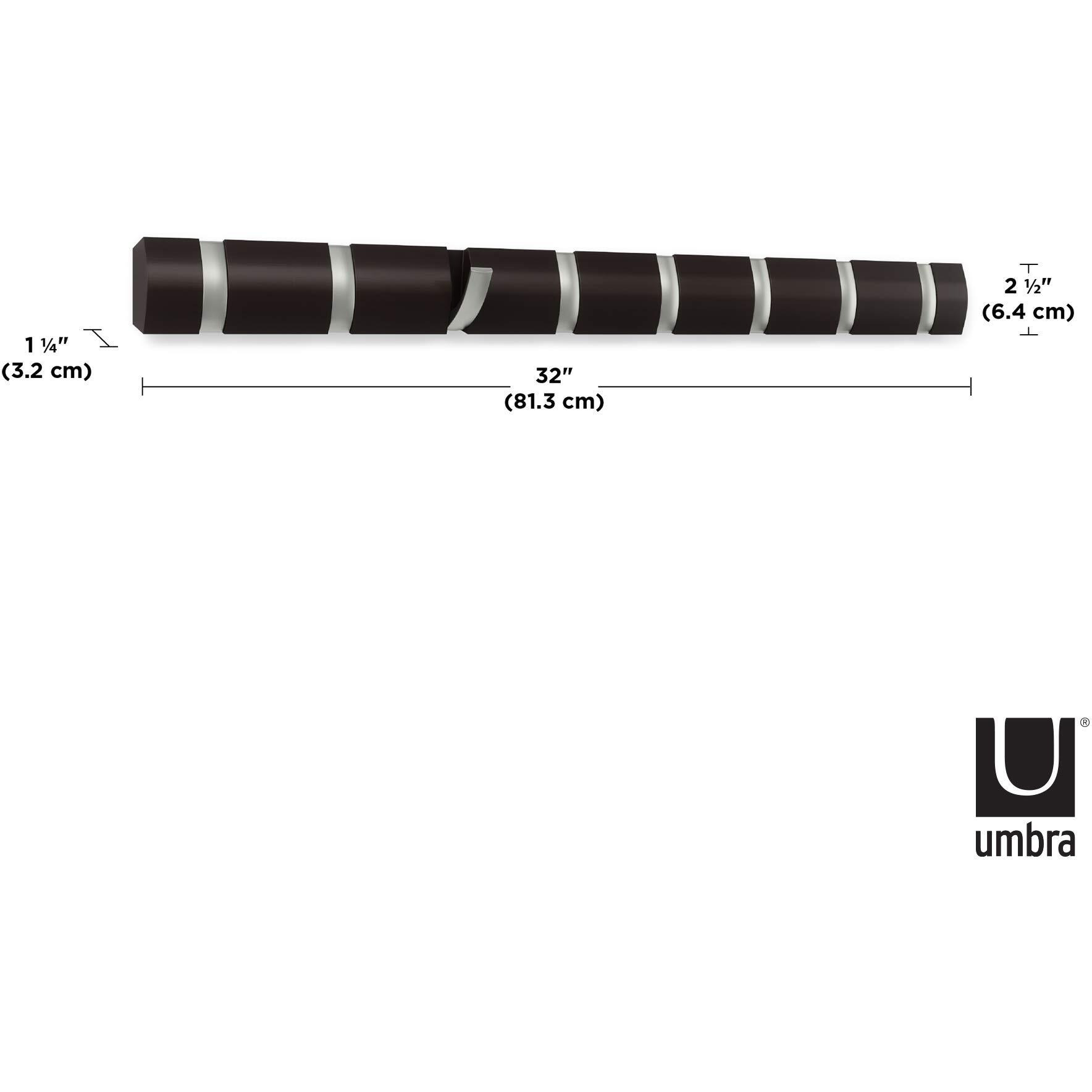Umbra Flip Wall Mounted Floating Rack - Modern, Sleek, Space-Saving Hanger With Retractable Hooks To Hang Coats, Scarves, Purses And More, 8, Espresso