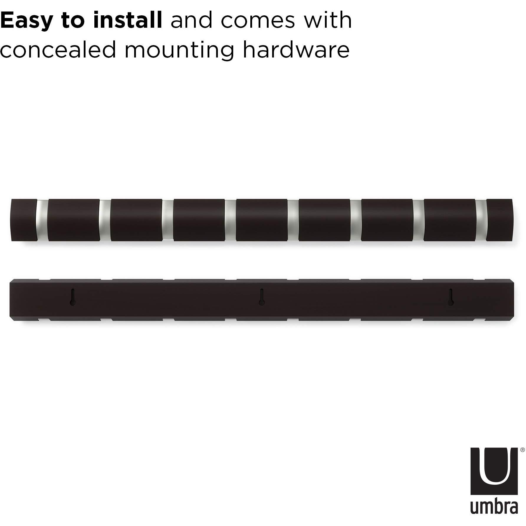 Umbra Flip Wall Mounted Floating Rack - Modern, Sleek, Space-Saving Hanger With Retractable Hooks To Hang Coats, Scarves, Purses And More, 8, Espresso
