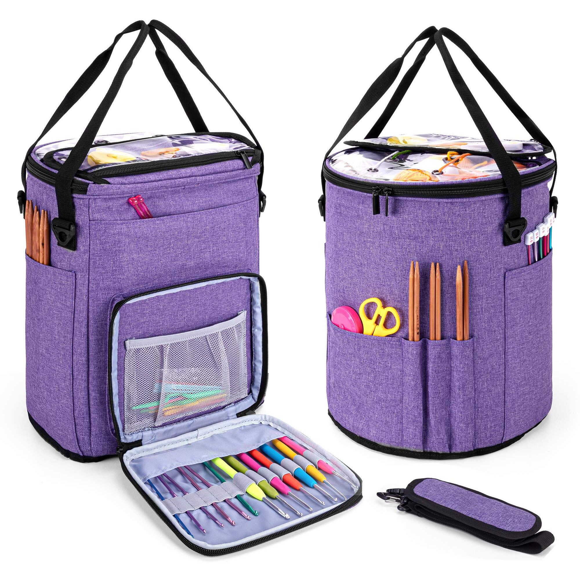 Teamoy Knitting Tote Bag, Yarn Storage Crochet Bag Organizer For Knitting Needles, Yarn, Unfinished Projects, Crochet Hooks, And Other Supplies, Purple