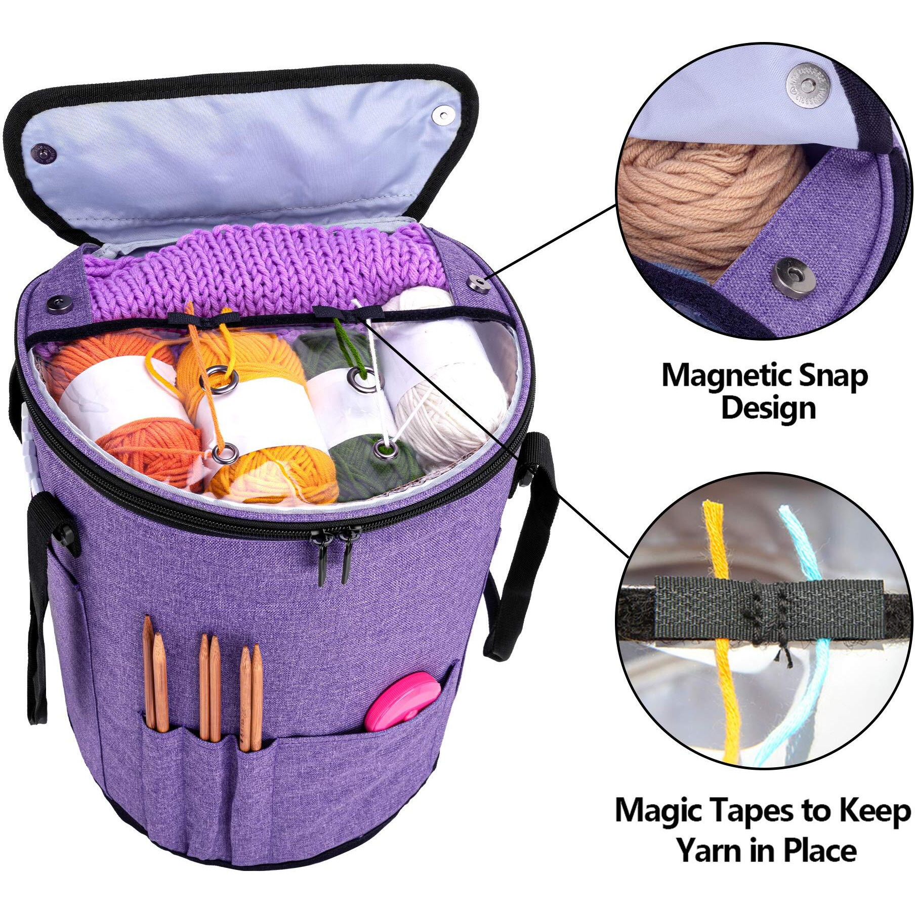 Teamoy Knitting Tote Bag, Yarn Storage Crochet Bag Organizer For Knitting Needles, Yarn, Unfinished Projects, Crochet Hooks, And Other Supplies, Purple