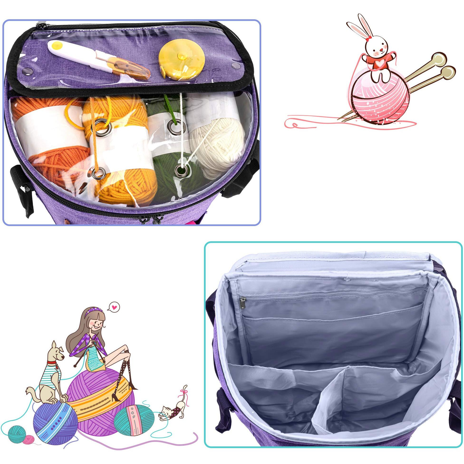 Teamoy Knitting Tote Bag, Yarn Storage Crochet Bag Organizer For Knitting Needles, Yarn, Unfinished Projects, Crochet Hooks, And Other Supplies, Purple