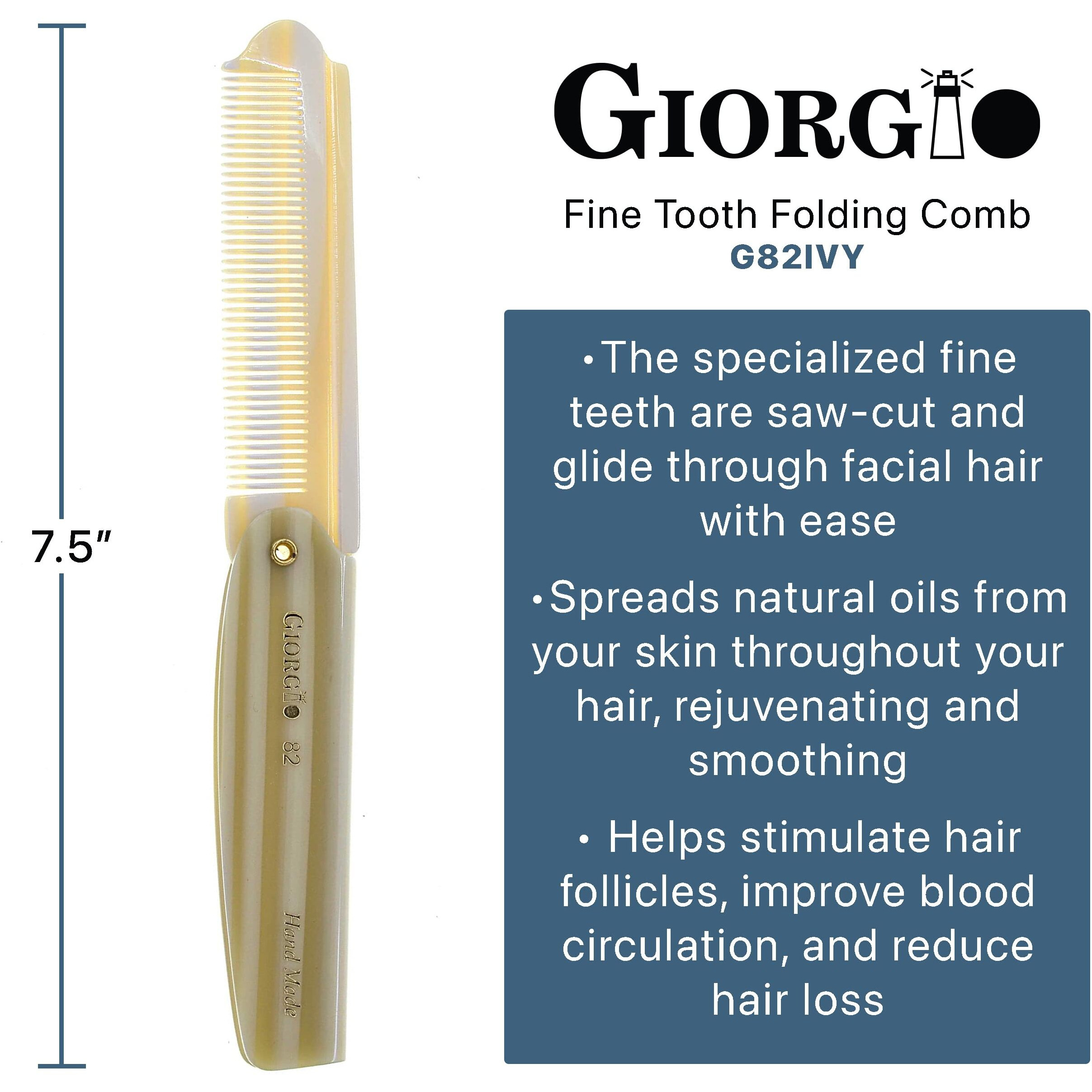 Giorgio G82 Ivy 4 Inch Handmade Folding Pocket Comb For Men, Fine Tooth Hair Comb Straightener For Everyday Grooming Styling Hair, Beard Or Mustache, Use Dry Or With Balms, Saw Cut Hand Polished