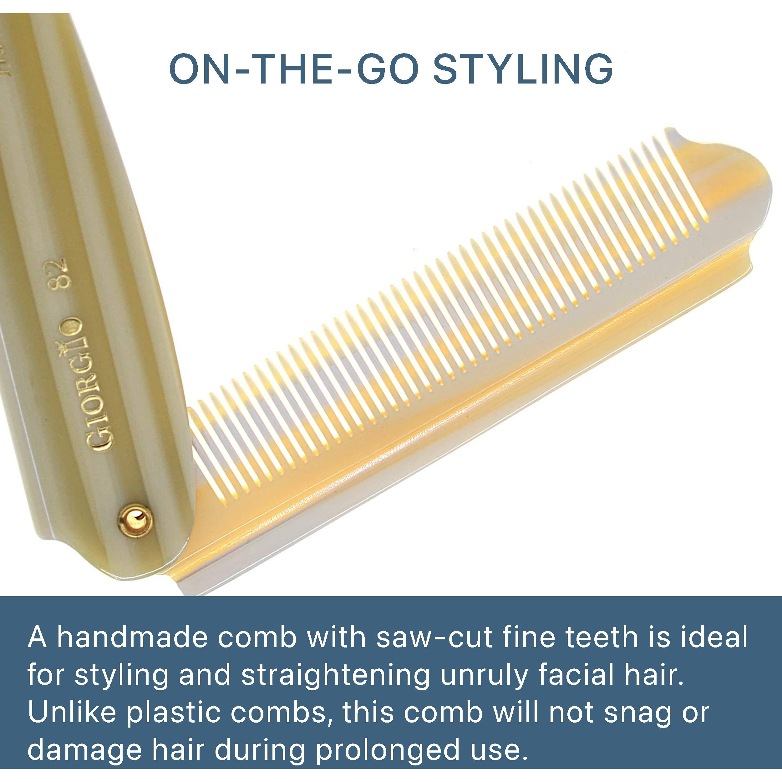 Giorgio G82 Ivy 4 Inch Handmade Folding Pocket Comb For Men, Fine Tooth Hair Comb Straightener For Everyday Grooming Styling Hair, Beard Or Mustache, Use Dry Or With Balms, Saw Cut Hand Polished