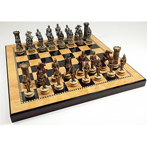 Medieval Times Crusades Gold & Silver Warrior Knights Chess Men Set W/ 15"" High Gloss Dark Walnut & Birdseye Maple Color Board