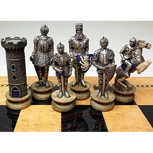 Medieval Times Crusades Gold & Silver Warrior Knights Chess Men Set W/ 15"" High Gloss Dark Walnut & Birdseye Maple Color Board