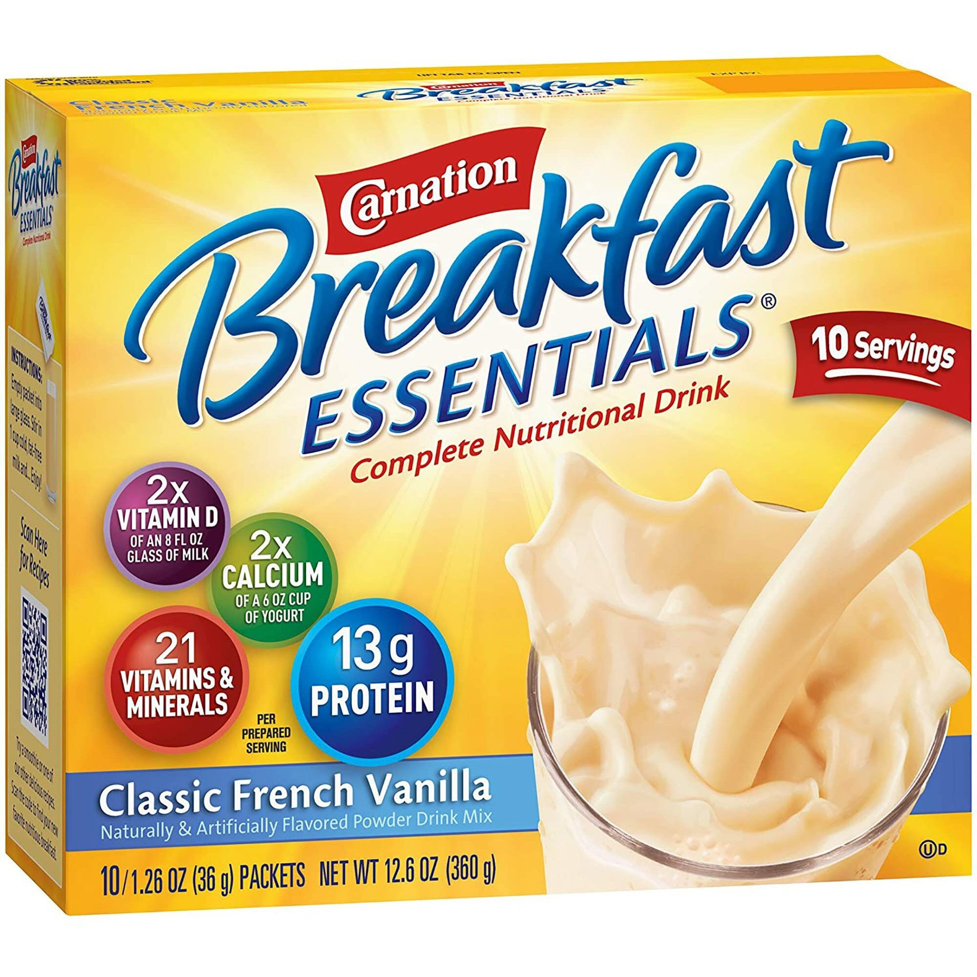 Nestle Carnation Breakfast Essentials Complete Nutritional Drink Vanilla 1.26 Oz. Packet 10 Ct