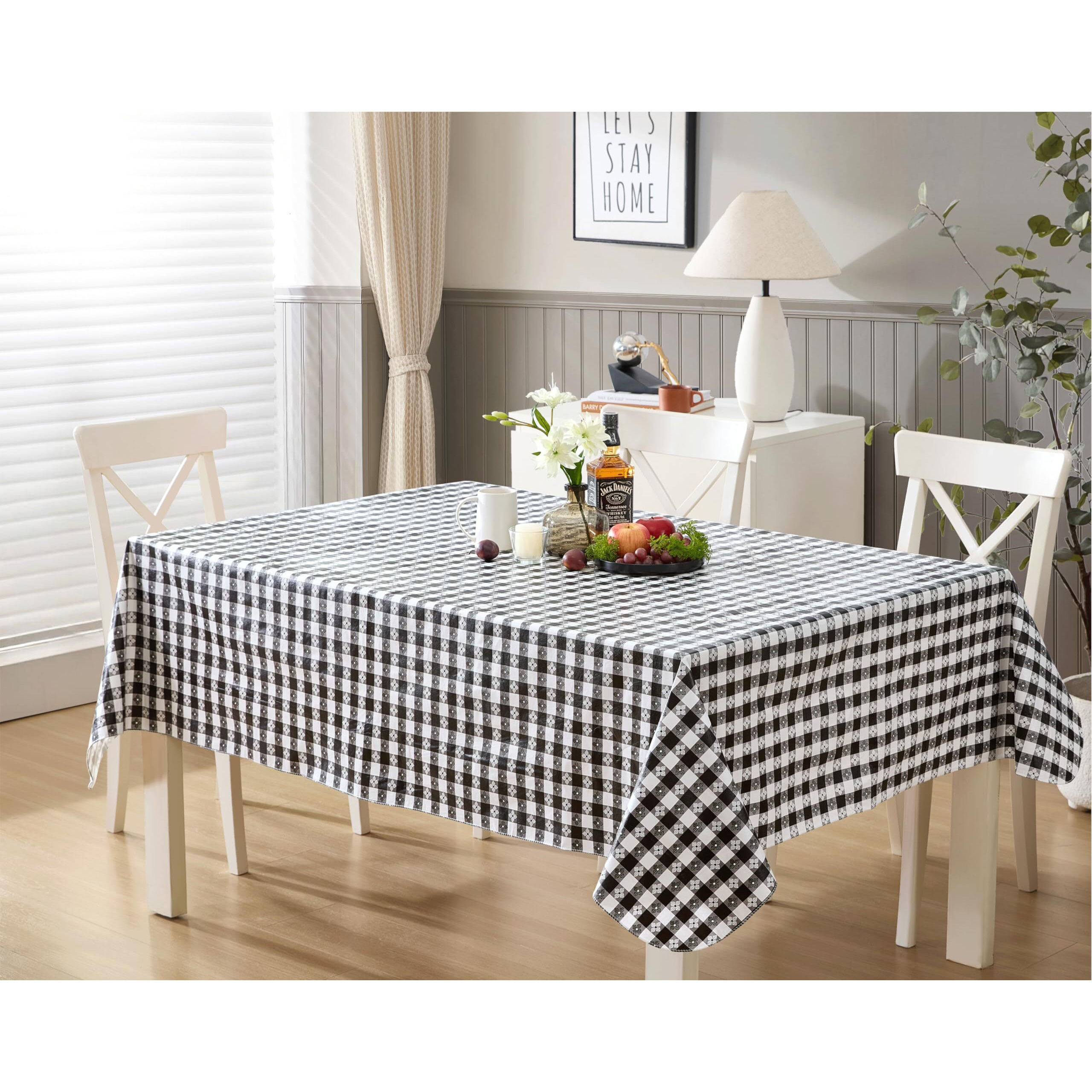 Newbridge 60 X 84 Inch Rectangle Vinyl Tablecloth With Flannel Backing, Bistro Tavern Check, Caf   Checkered Indoor Outdoor Vinyl Table Cover For Picnic, Barbecue And Patio Dining, Black