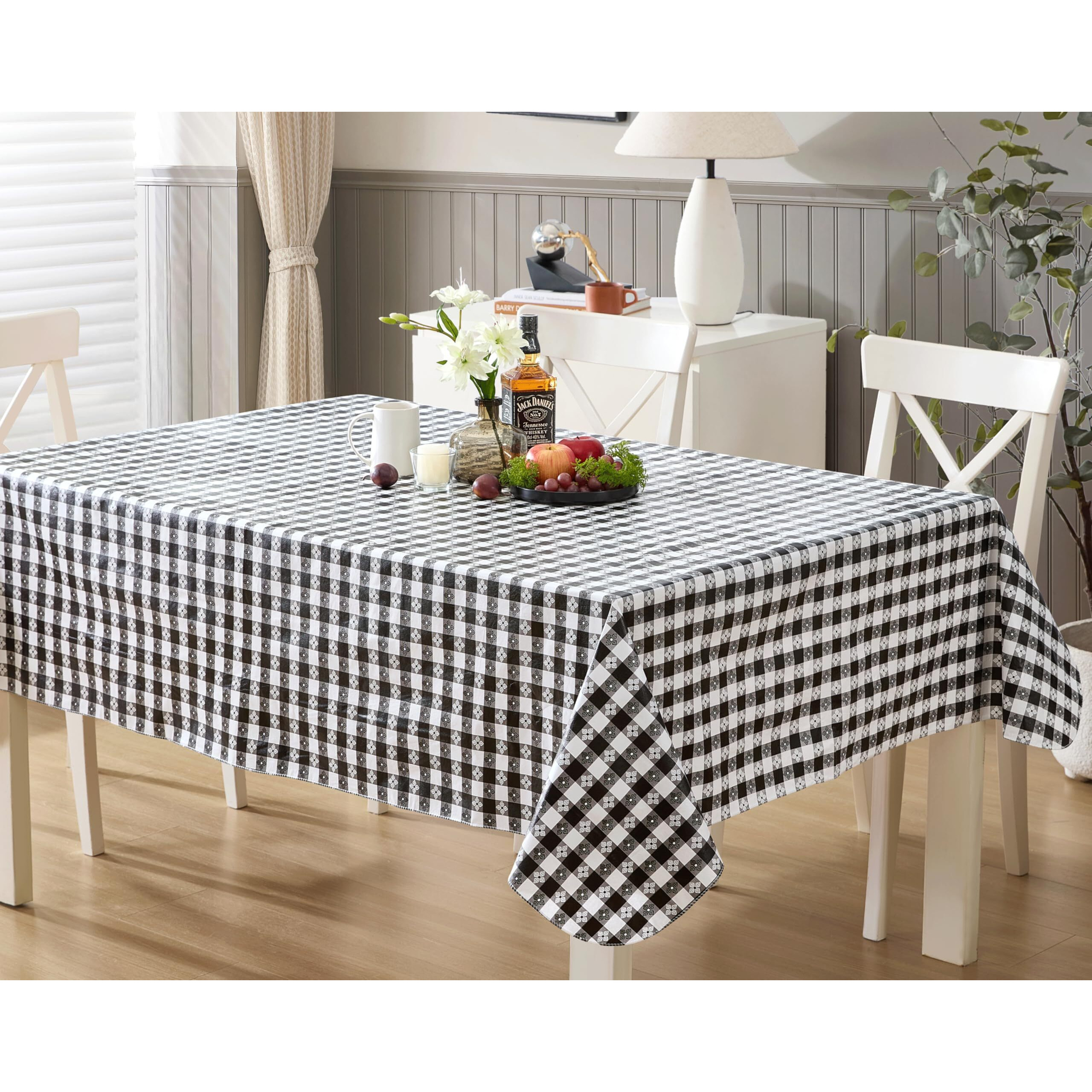 Newbridge 60 X 84 Inch Rectangle Vinyl Tablecloth With Flannel Backing, Bistro Tavern Check, Caf   Checkered Indoor Outdoor Vinyl Table Cover For Picnic, Barbecue And Patio Dining, Black