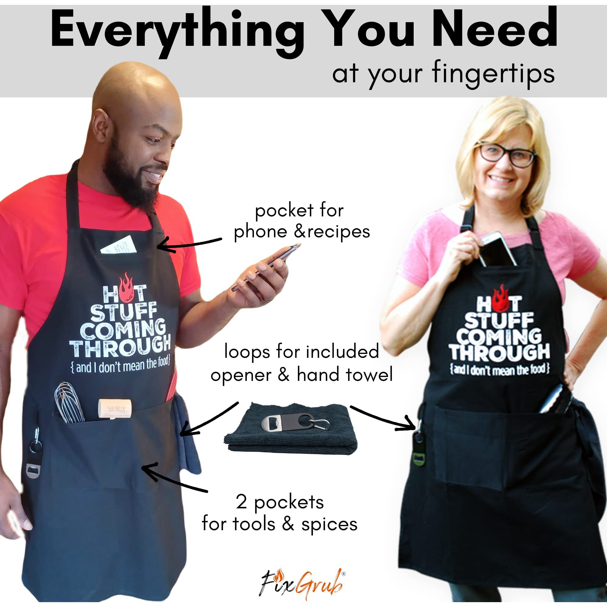 Fixgrub Chefs Apron, Grill Apron, Funny Aprons For Men And Women, Bbq Apron, 3 Pockets, Bottle Opener, Towel And Gift Box Included