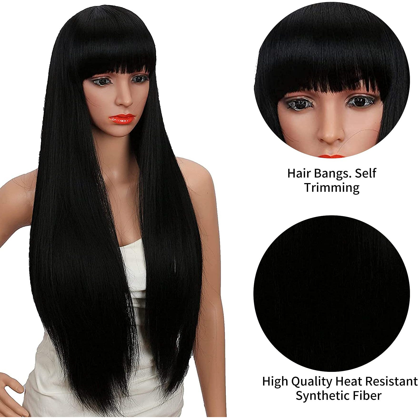 Kalyss 28 Inches Women's Silky Long Straight Black Wig Heat Resistant Synthetic Wig With Bangs Hair Wig For Women