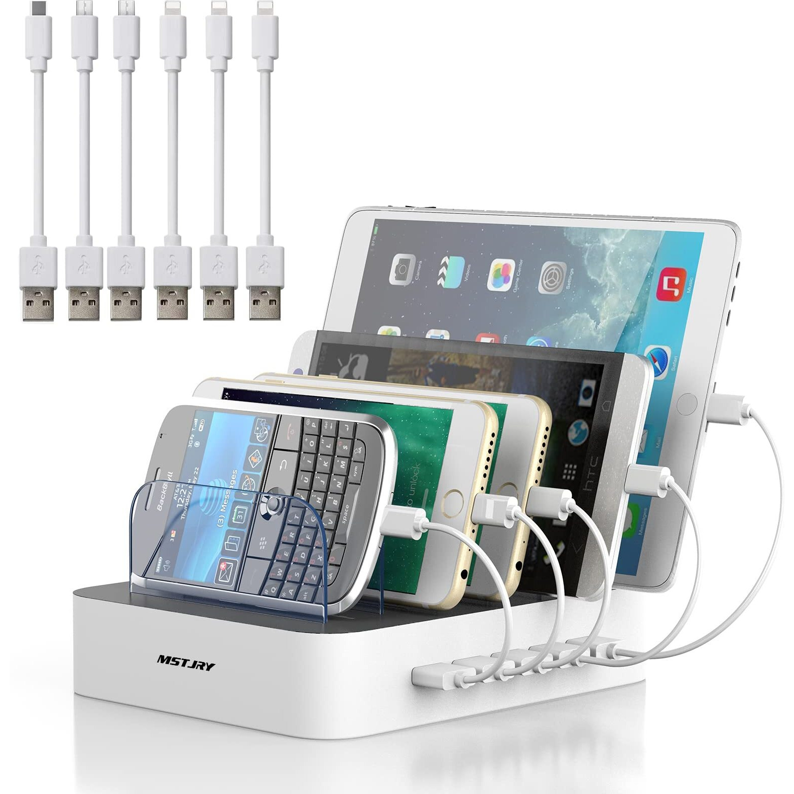 Charging Station For Multiple Devices, Mstjry 5 Port Multi Usb-A Charger Station With Power Switch Designed For Iphone Ipad Cell Phone Tablets (White, 6 Mixed Short Cables Included)