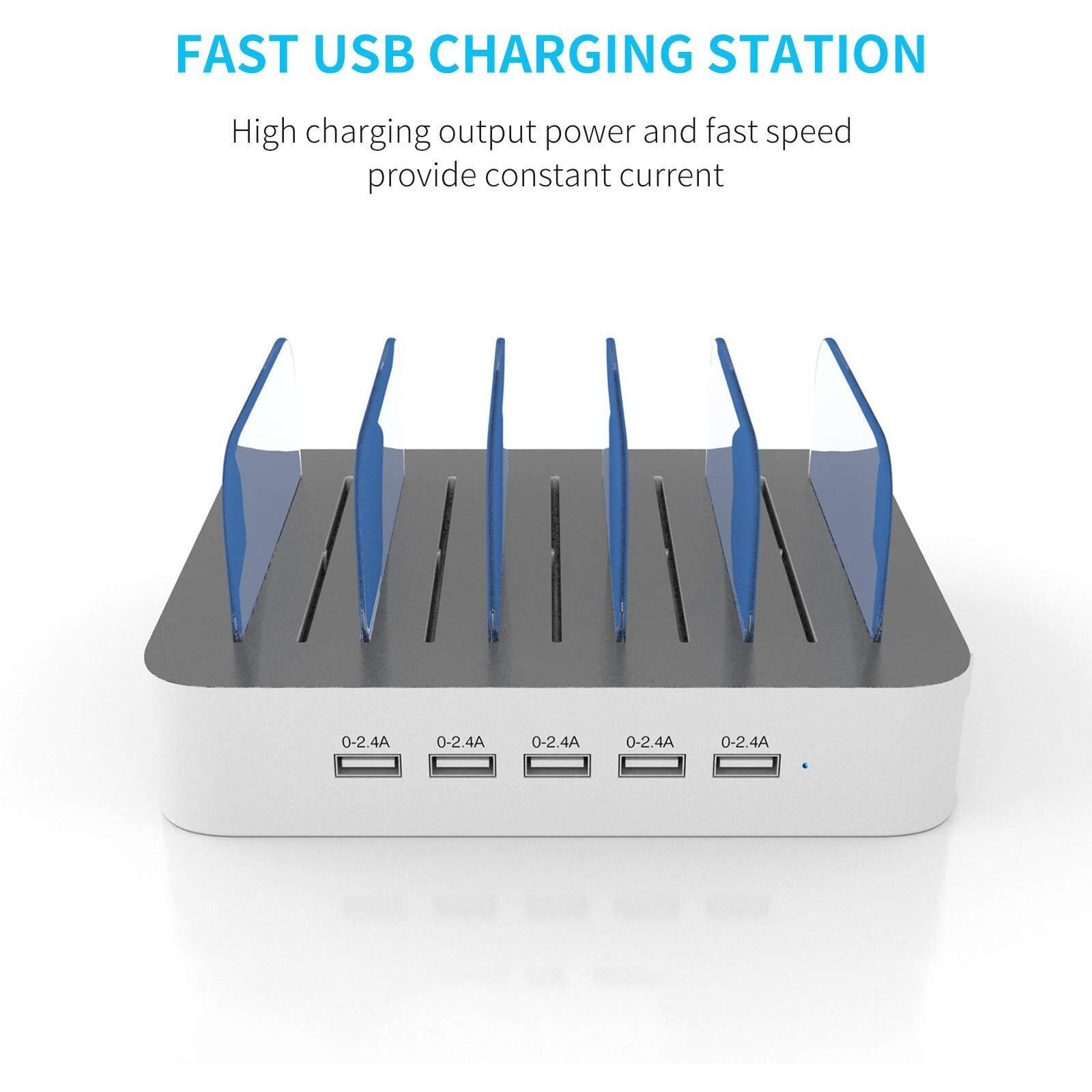 Charging Station For Multiple Devices, Mstjry 5 Port Multi Usb-A Charger Station With Power Switch Designed For Iphone Ipad Cell Phone Tablets (White, 6 Mixed Short Cables Included)