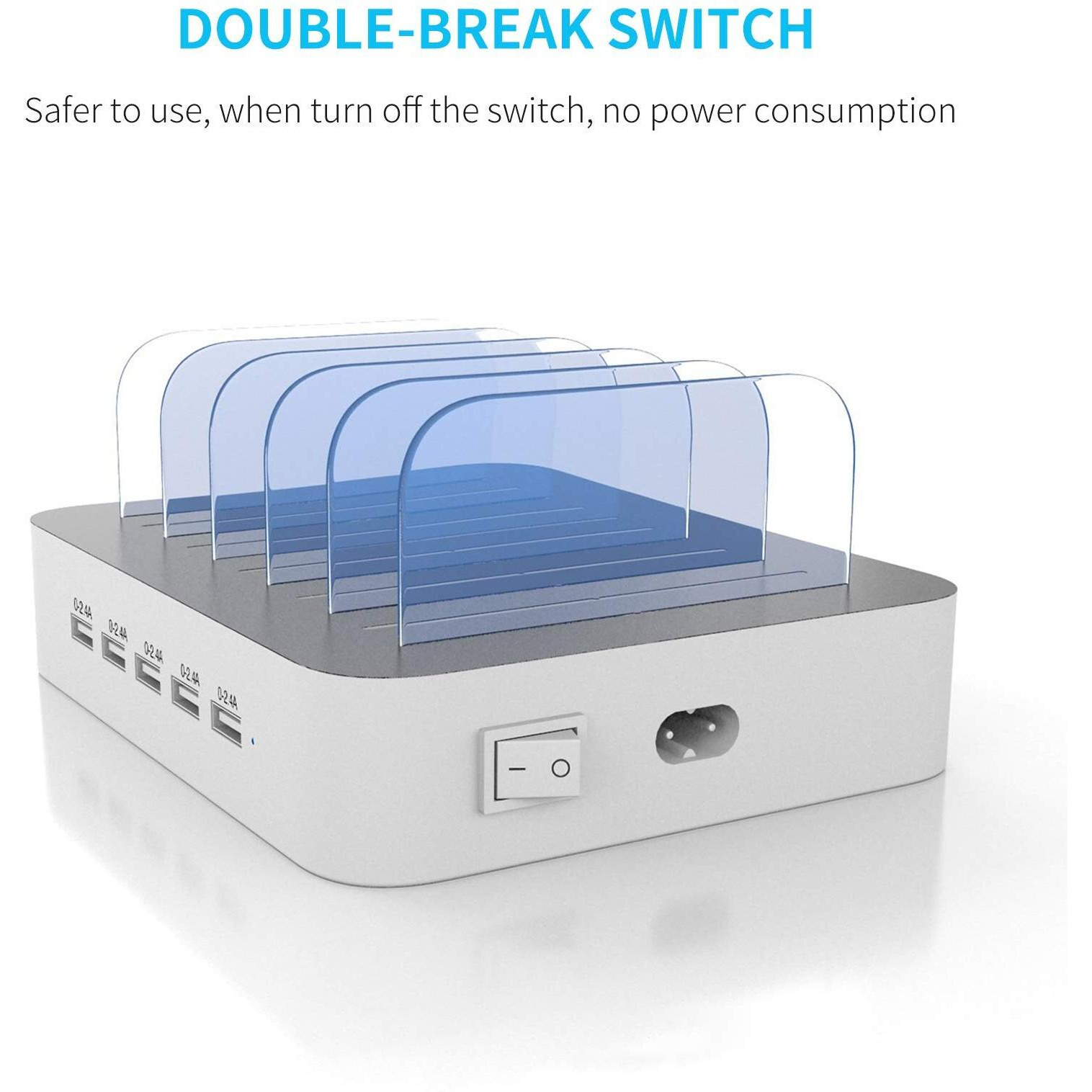 Charging Station For Multiple Devices, Mstjry 5 Port Multi Usb-A Charger Station With Power Switch Designed For Iphone Ipad Cell Phone Tablets (White, 6 Mixed Short Cables Included)