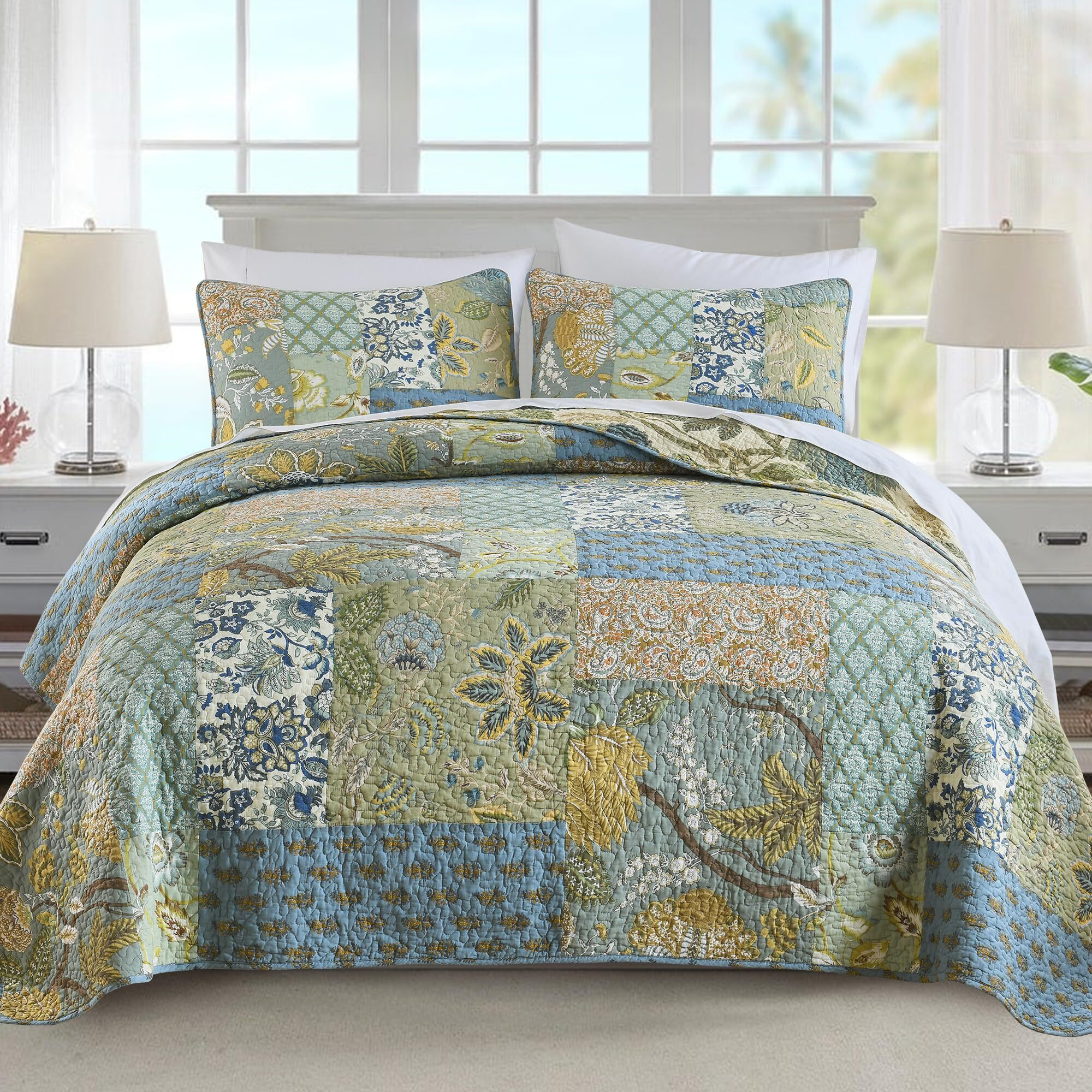 Newlake Bedspread Quilt Set With Real Stitched Embroidery, Bohemian Floral Pattern,King Size